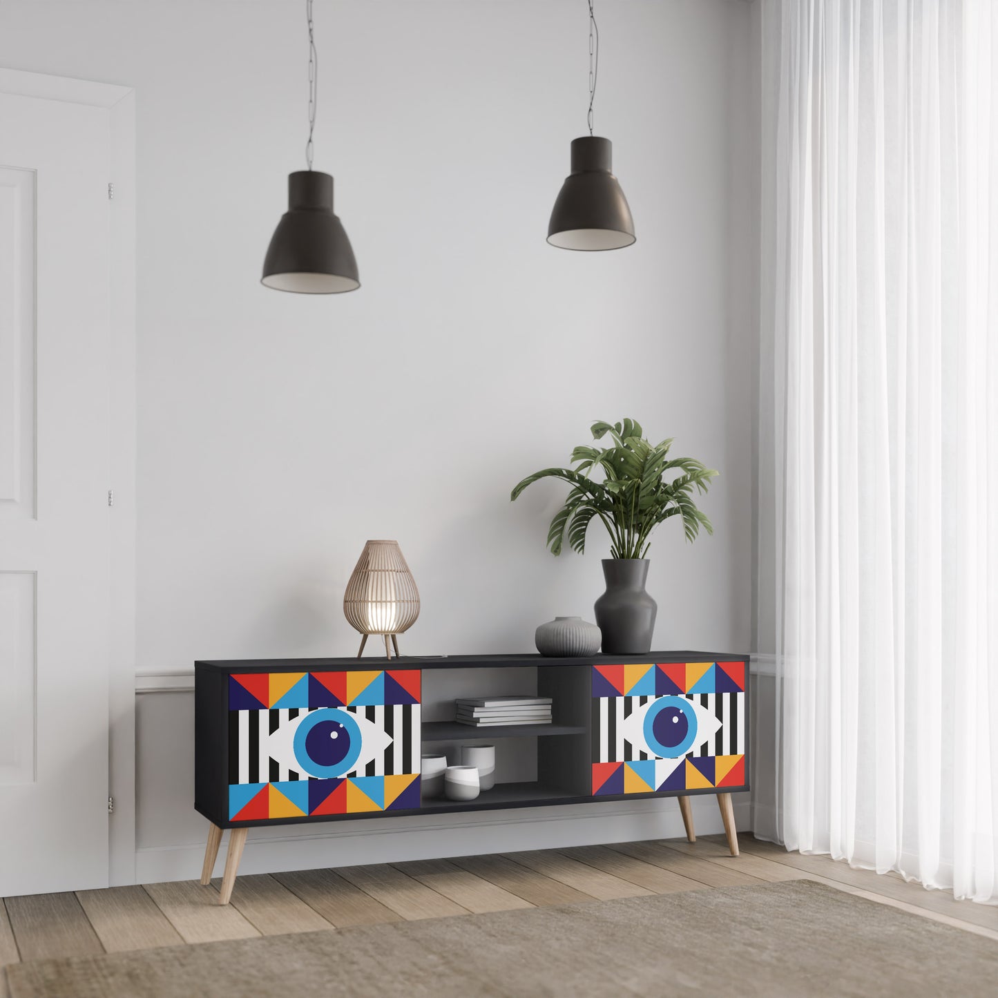 ABSTRAKTION OCH GEOMETRI 2-dörrars TV-bänk i svart finish