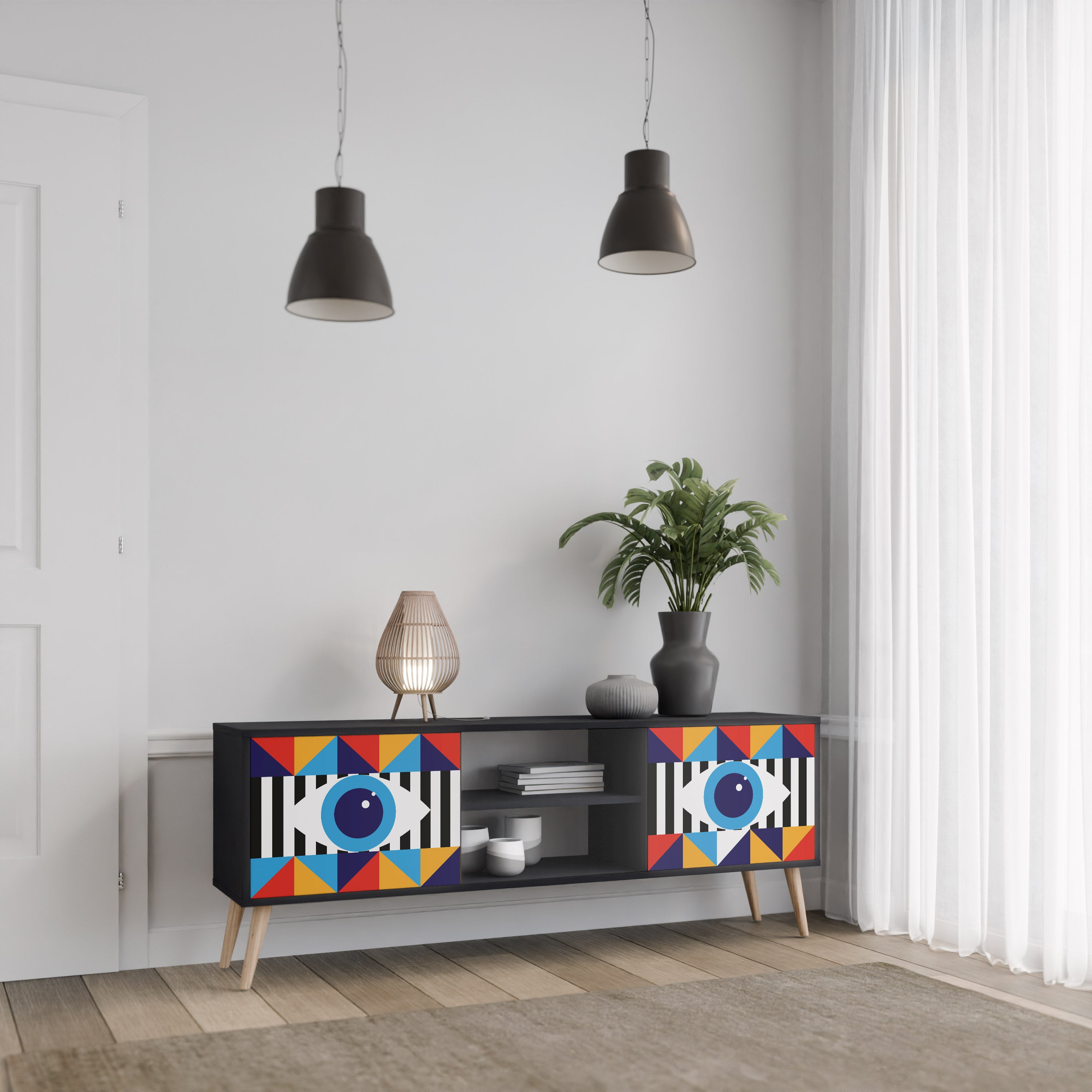 ABSTRAKTION OCH GEOMETRI 2-dörrars TV-bänk i svart finish