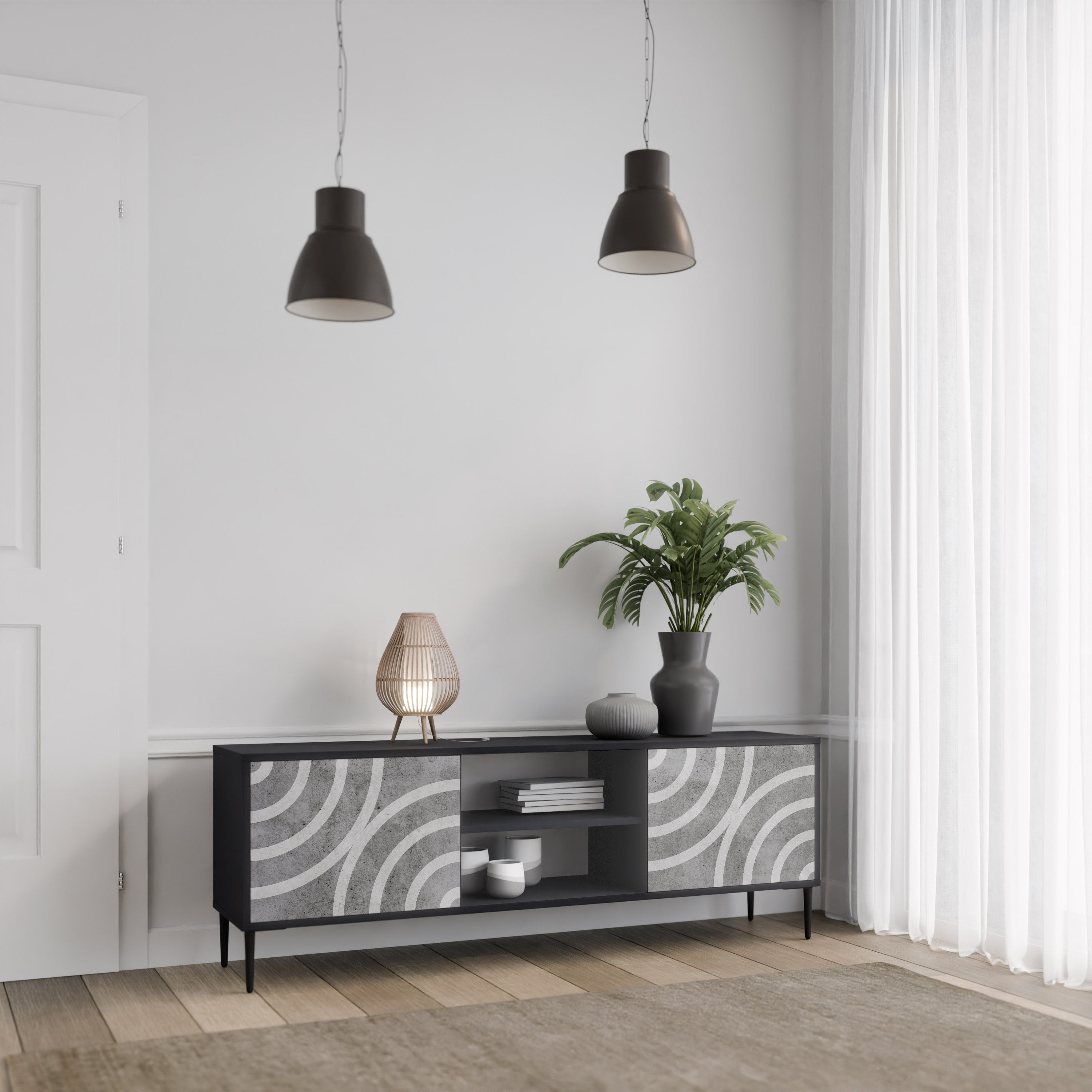 CIRCLE CONCRETE 2-dörrars TV-bänk i svart finish
