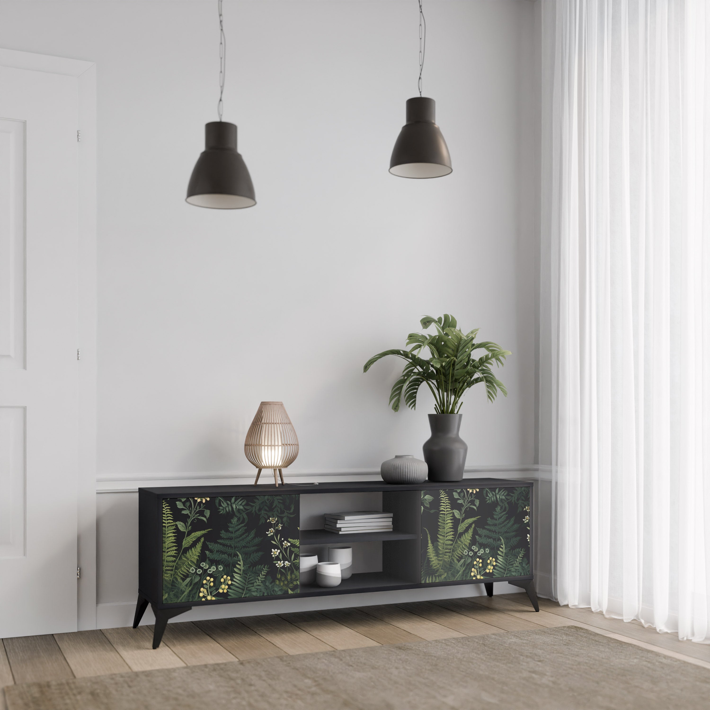 FERN FLOWERS 2-dörrars TV-bänk i svart finish