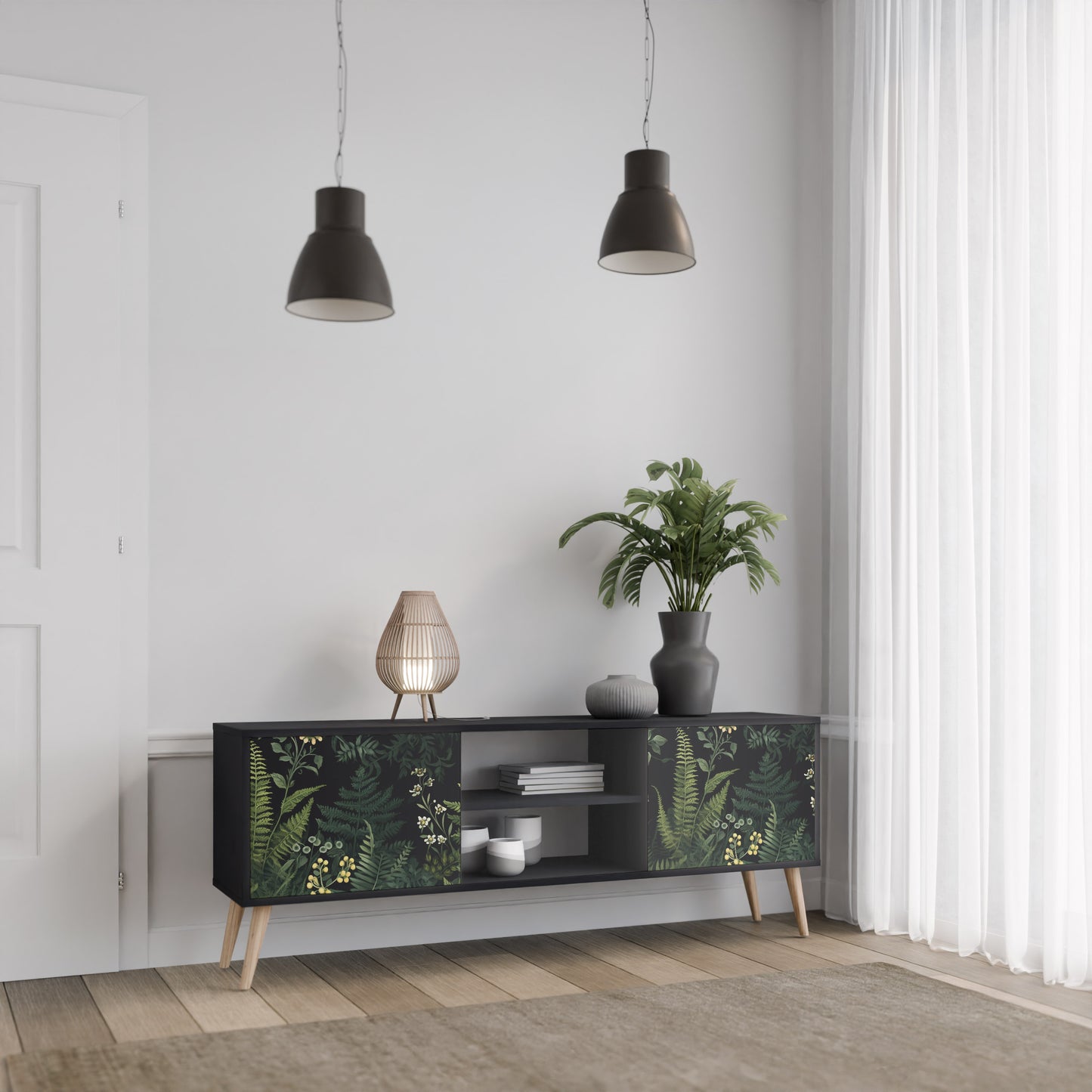 FERN FLOWERS 2-dörrars TV-bänk i svart finish