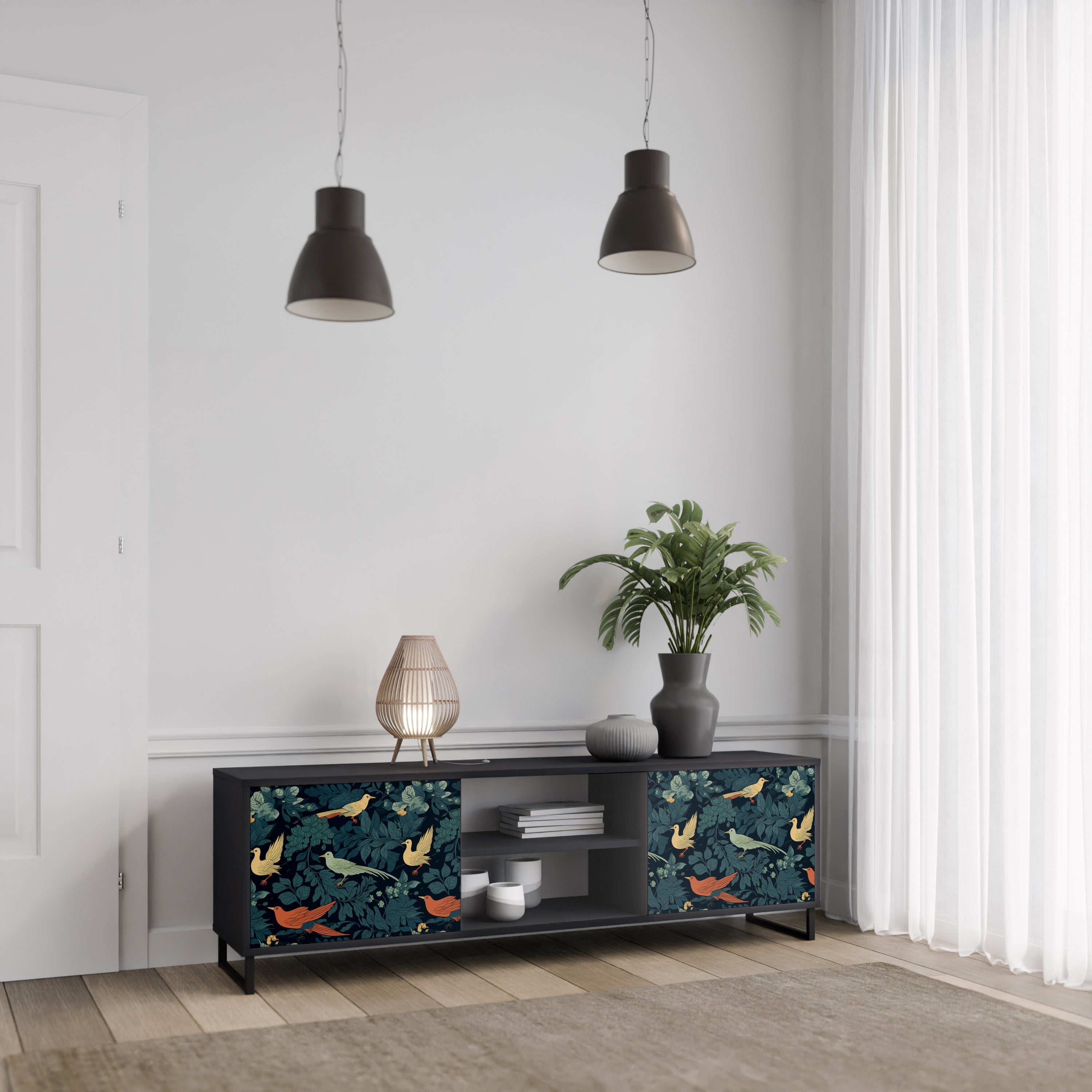 FOWL ORNAMENT 2-dörrars TV-bänk i svart finish