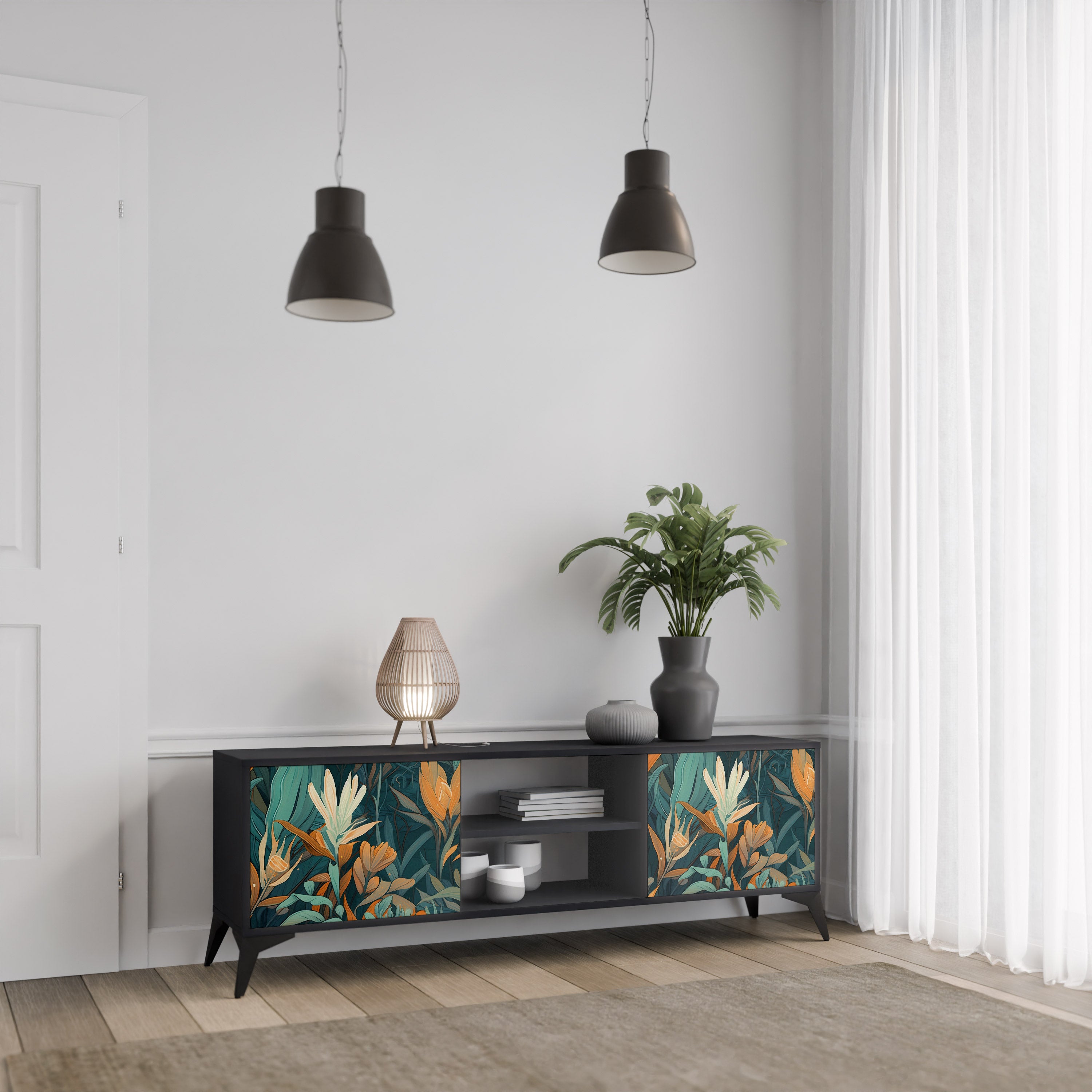 FLORAL SERENITY 2-dörrars TV-bänk i svart finish