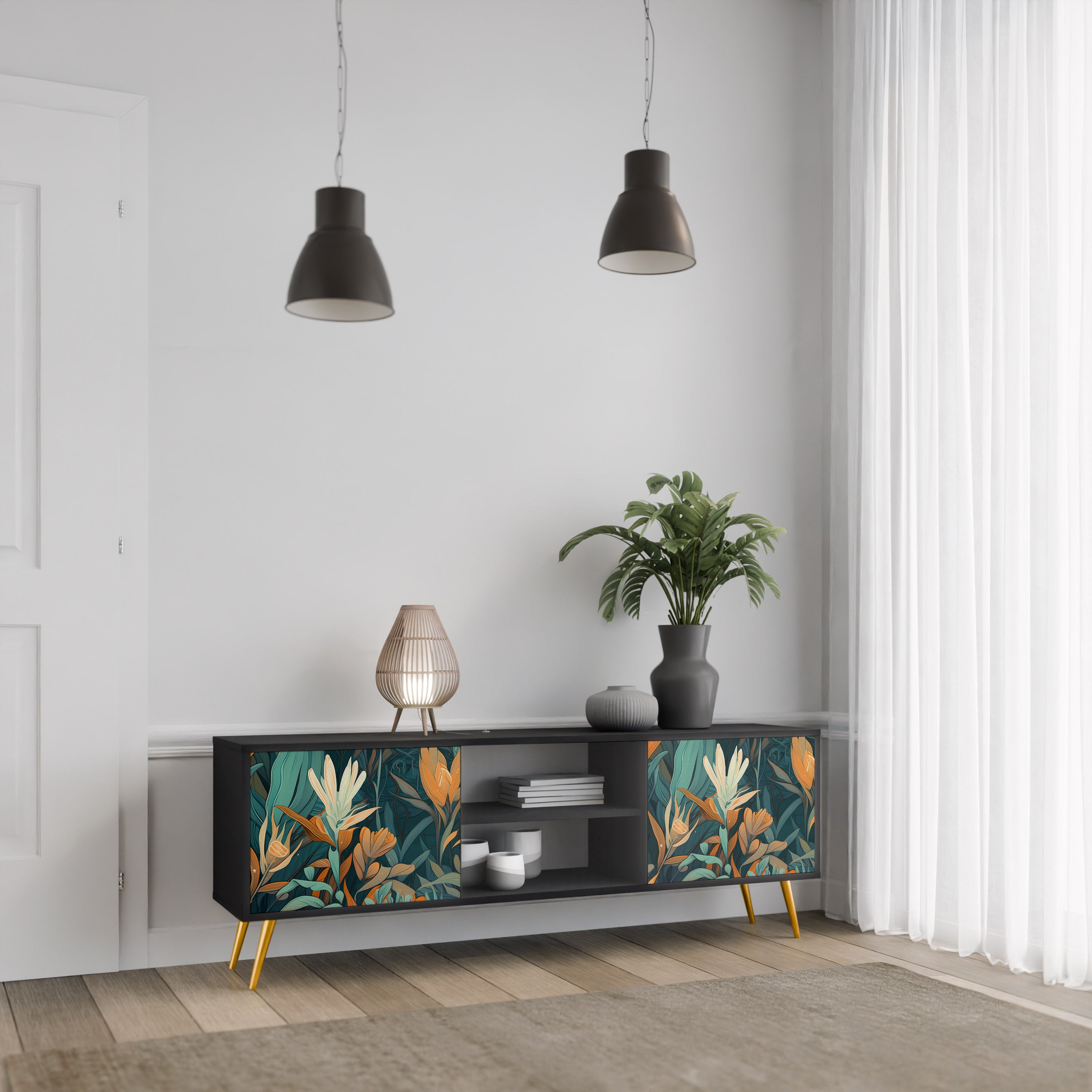 FLORAL SERENITY 2-dörrars TV-bänk i svart finish