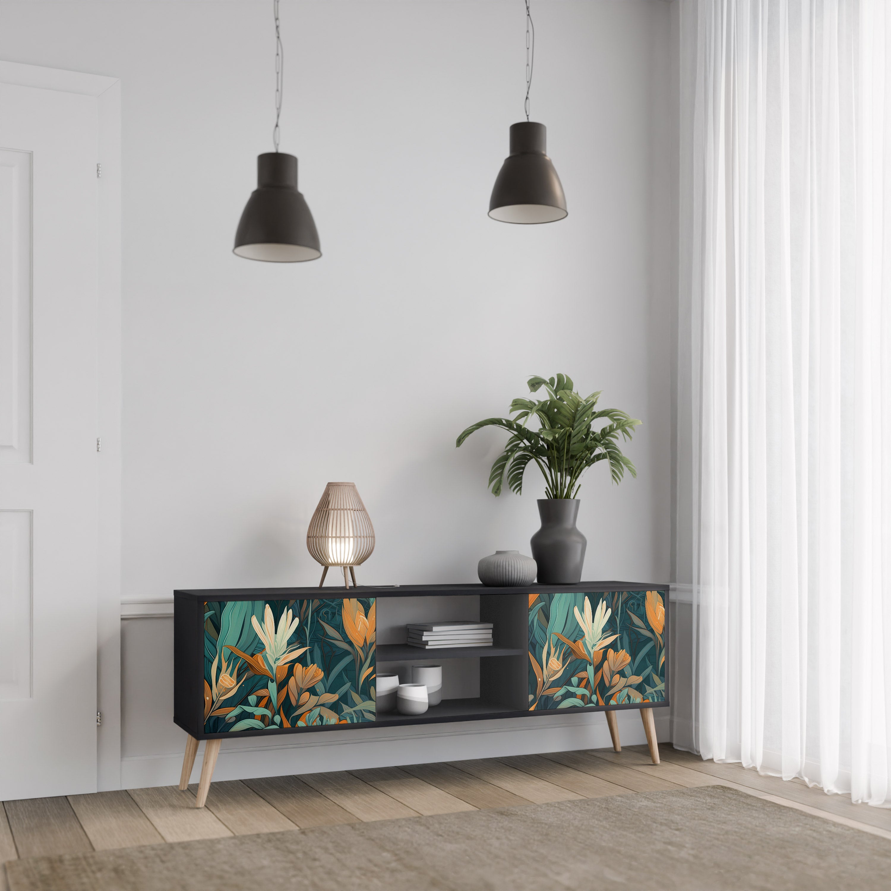 FLORAL SERENITY 2-dörrars TV-bänk i svart finish