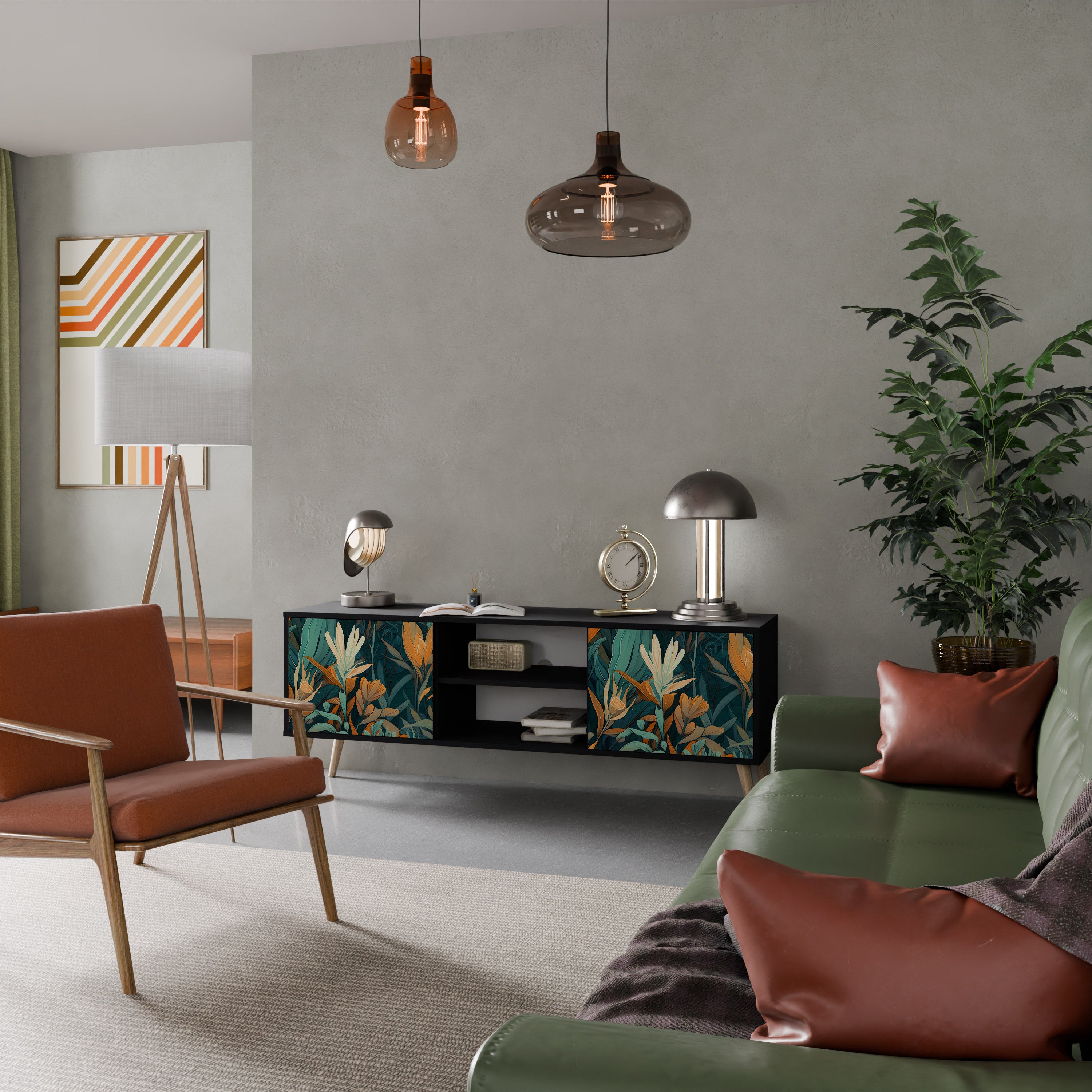 FLORAL SERENITY 2-dörrars TV-bänk i svart finish