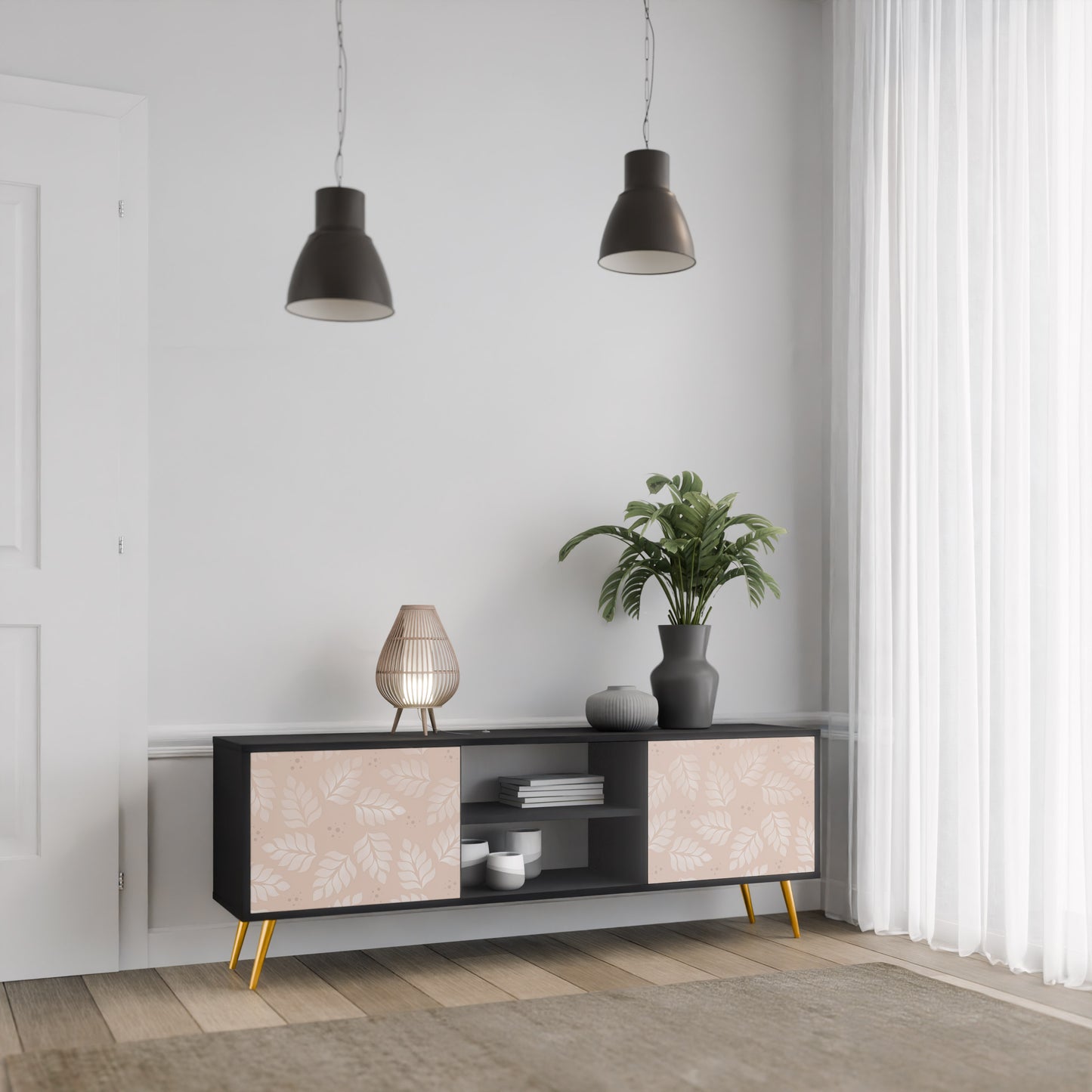 LÖV PÅ BEIGE 2-dörrars TV-bänk i svart finish