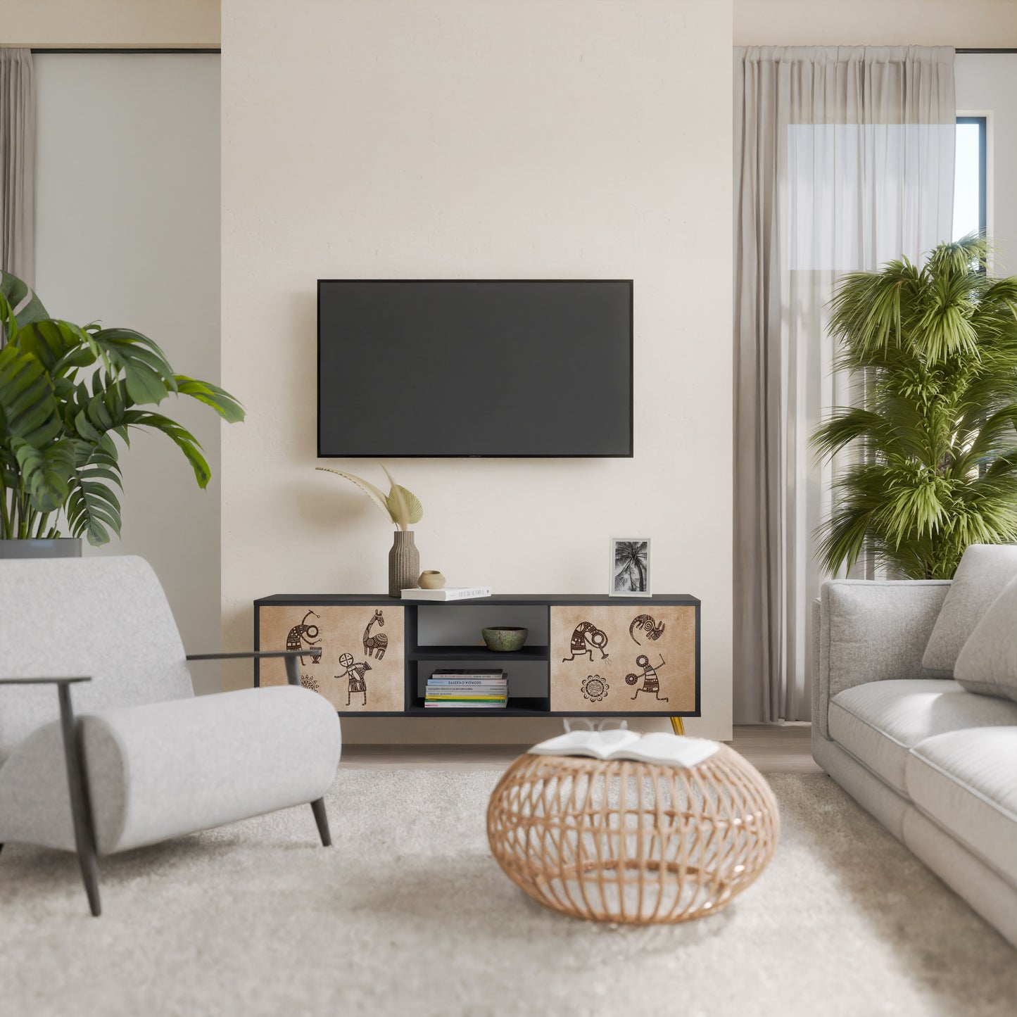 TV-bänk med 2 dörrar i AFRIKA STIL i svart finish