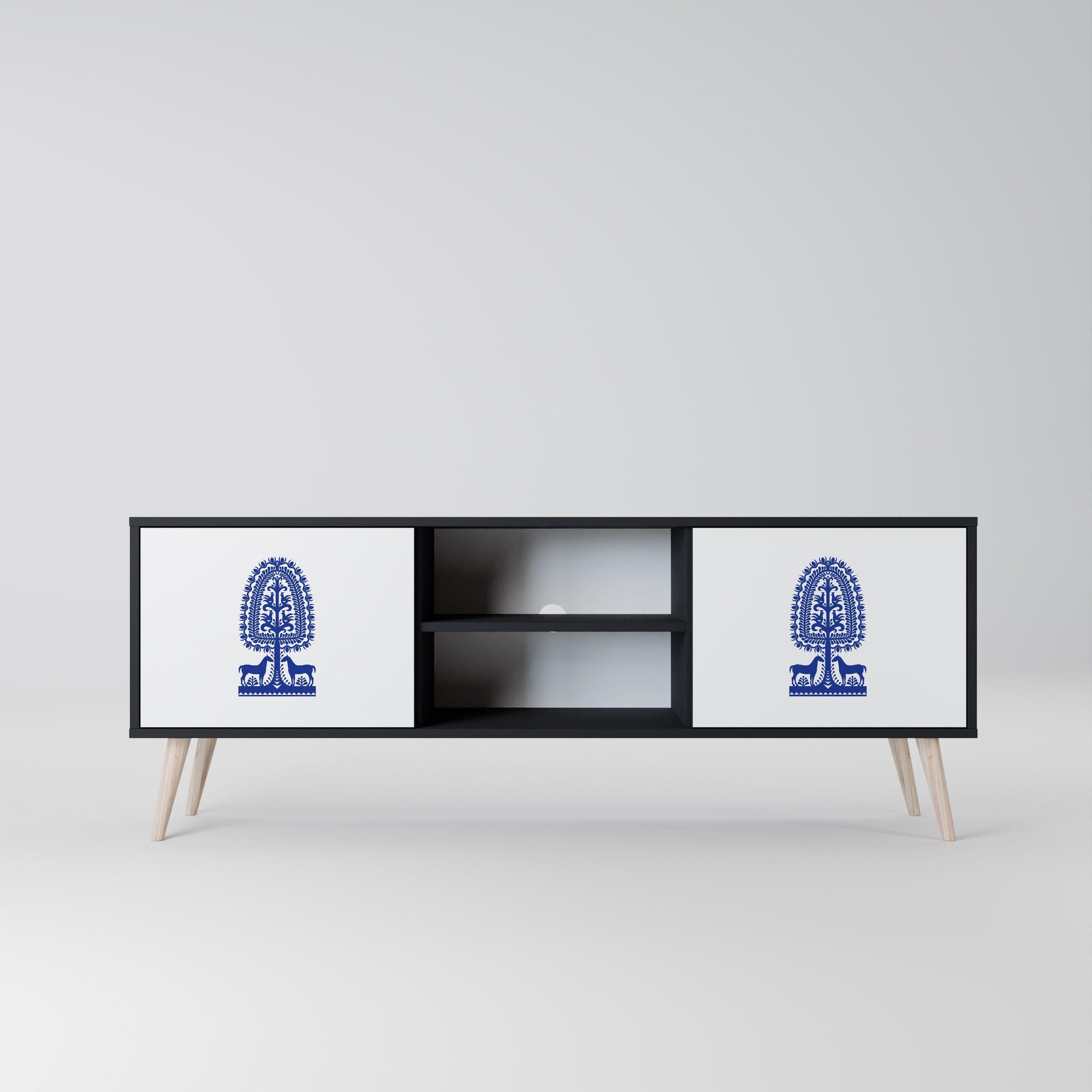 POLISH FOLK ART 2-dörrars TV-bänk i svart finish