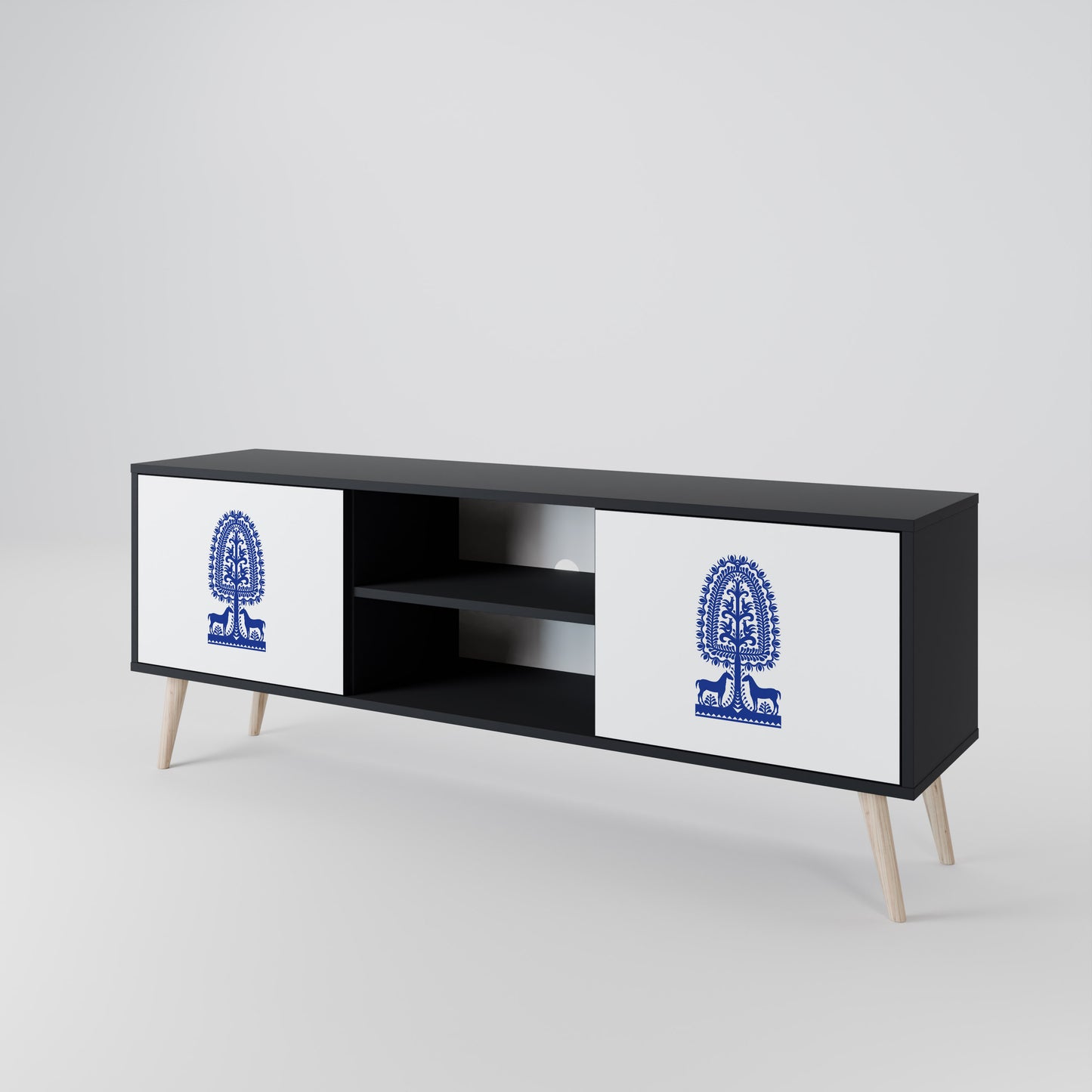 POLISH FOLK ART 2-dörrars TV-bänk i svart finish