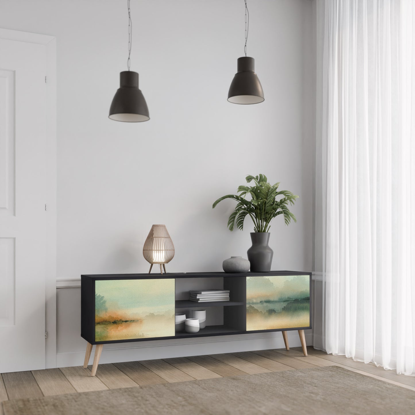 MORNING BY THE LAKE 2-dörrars TV-bänk i svart finish