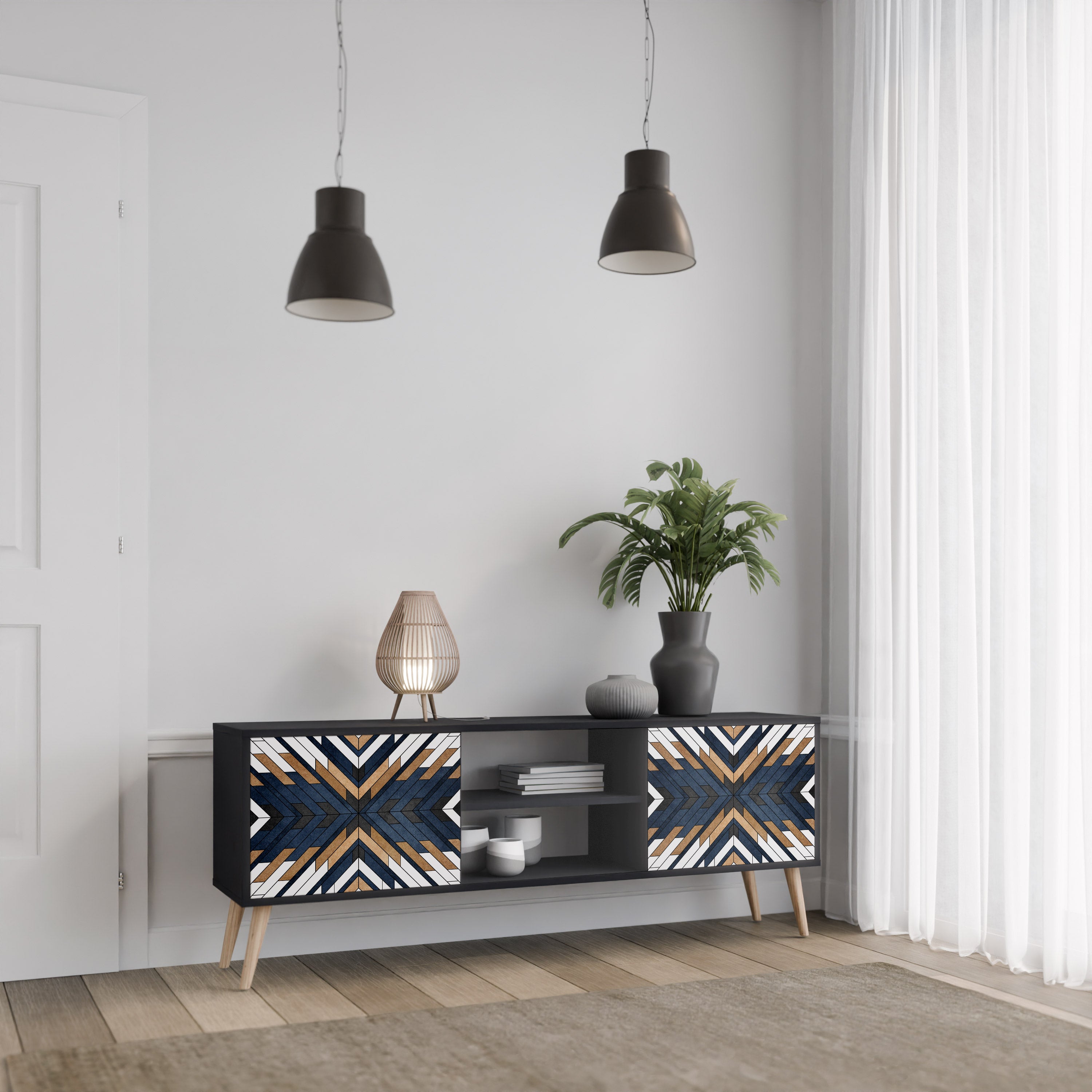 ARTFUL GEOMETRY 2-dörrars TV-bänk i svart finish