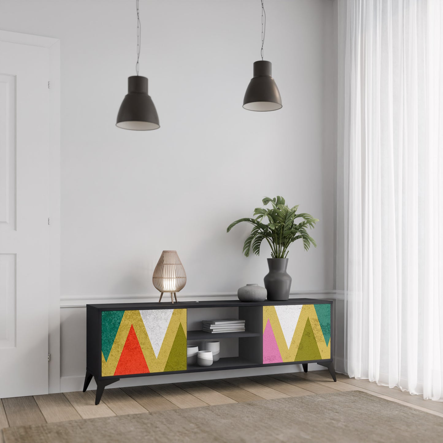 FÄRGRIGA TRIANGLER 2-dörrars TV-bänk i svart finish