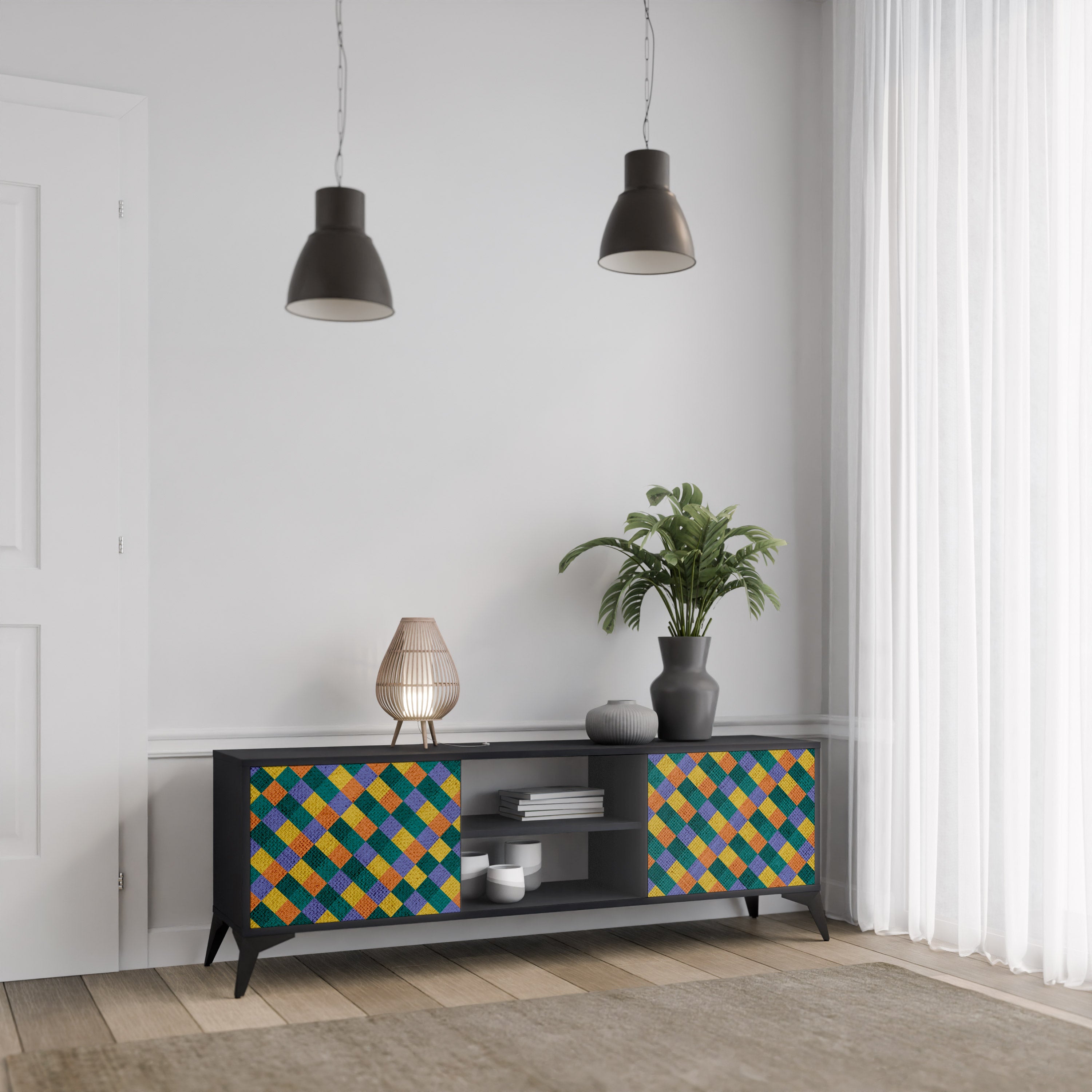 PAINTED SQUARES MIX 2-dörrars TV-bänk i svart finish