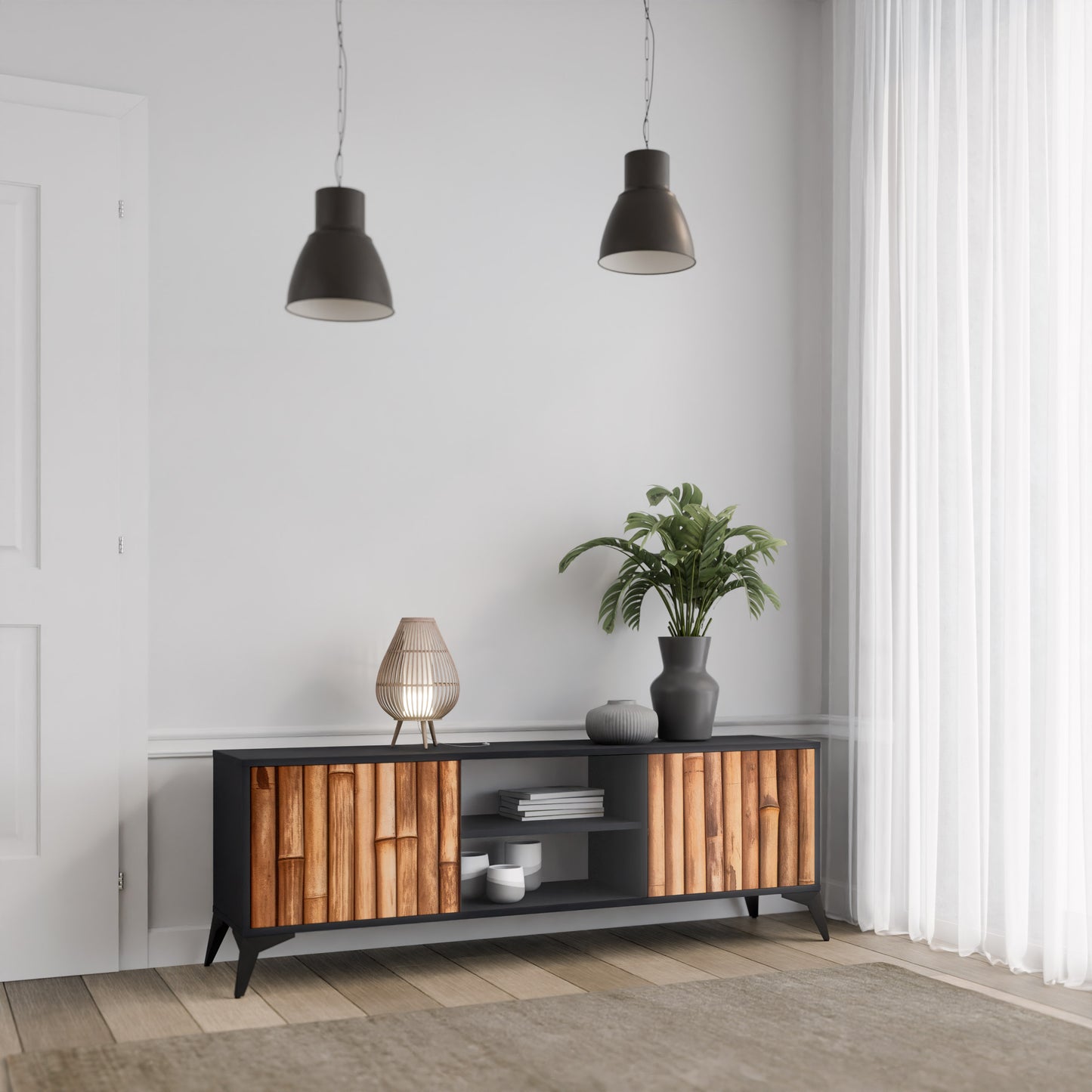 NATURAL WOOD 2-dörrars TV-bänk i svart finish
