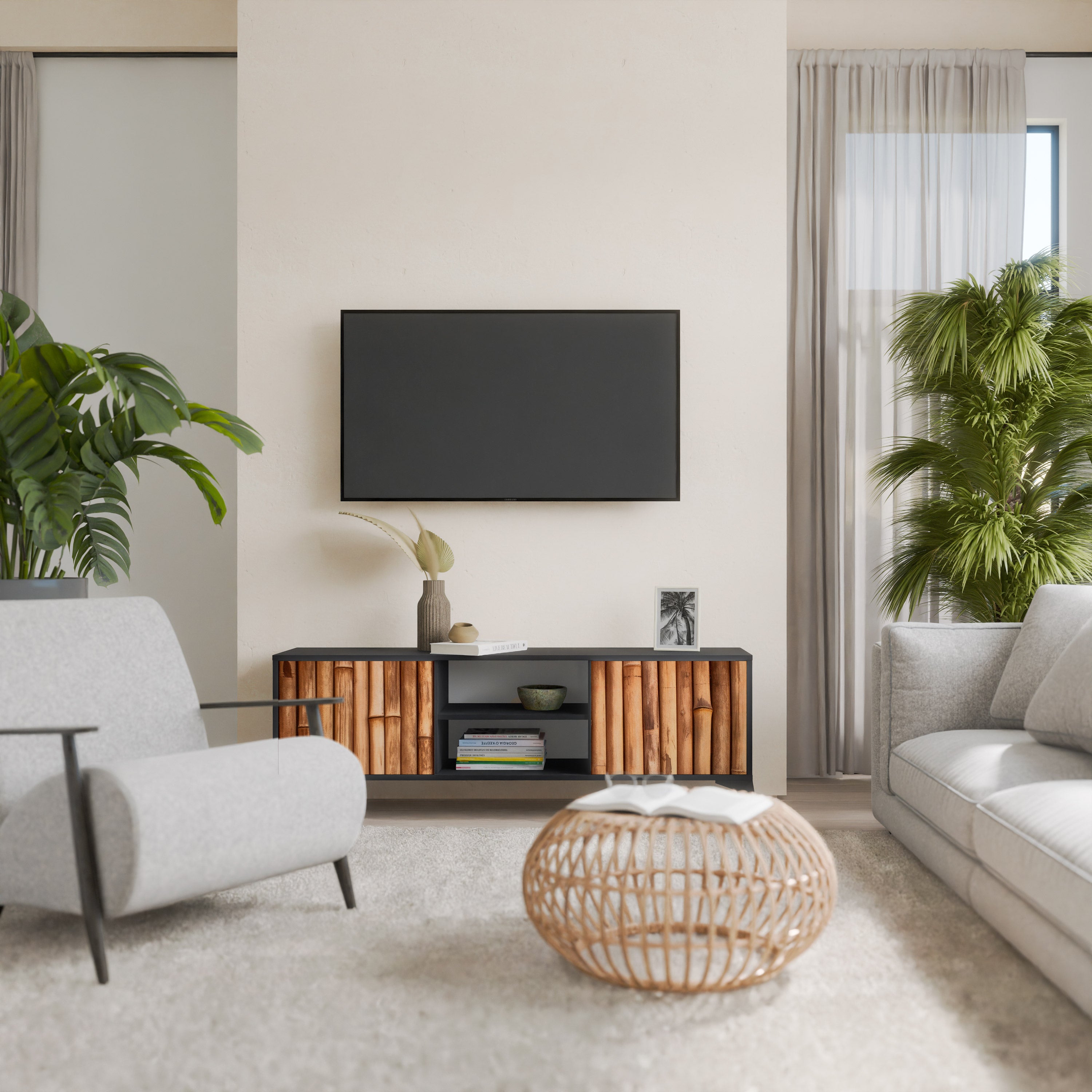 NATURAL WOOD 2-dörrars TV-bänk i svart finish