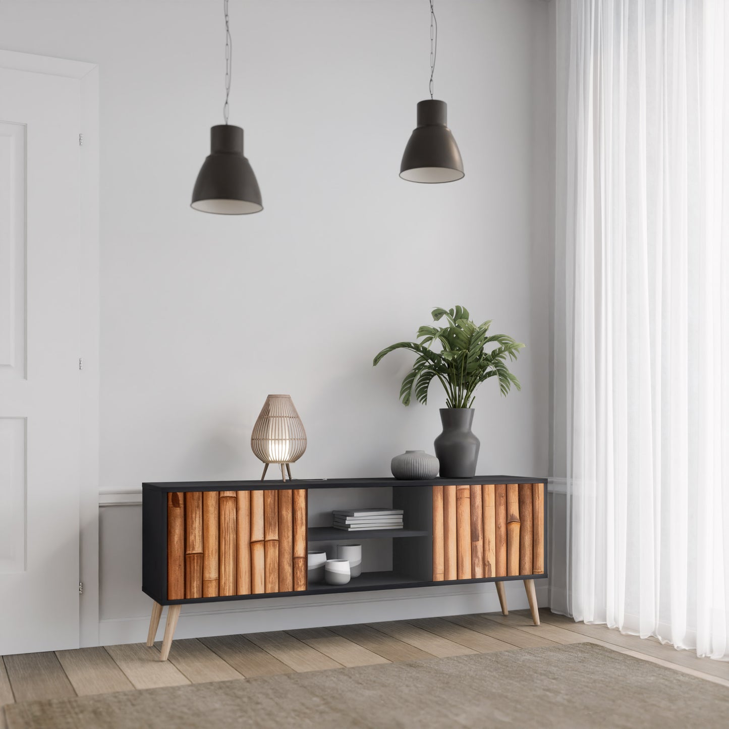 NATURAL WOOD 2-dörrars TV-bänk i svart finish