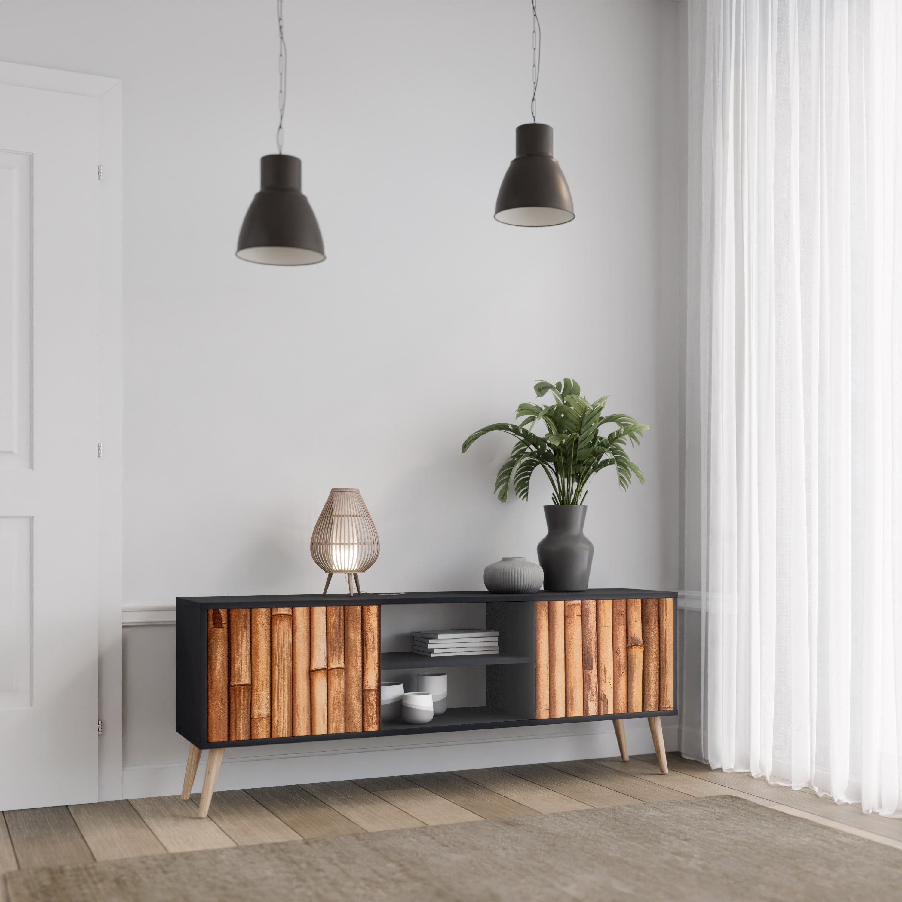 NATURAL WOOD 2-dörrars TV-bänk i svart finish