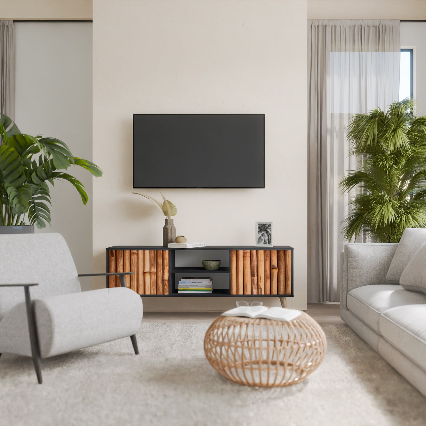 NATURAL WOOD 2-dörrars TV-bänk i svart finish