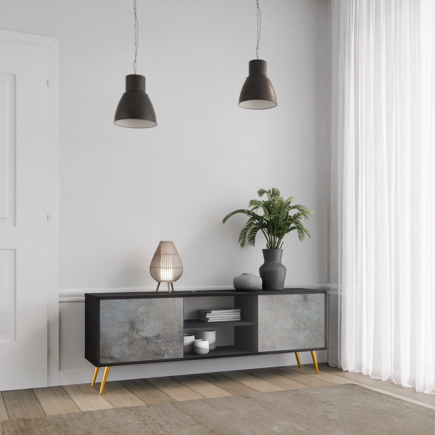 BETONGVÄGG 2-dörrars TV-bänk i svart finish