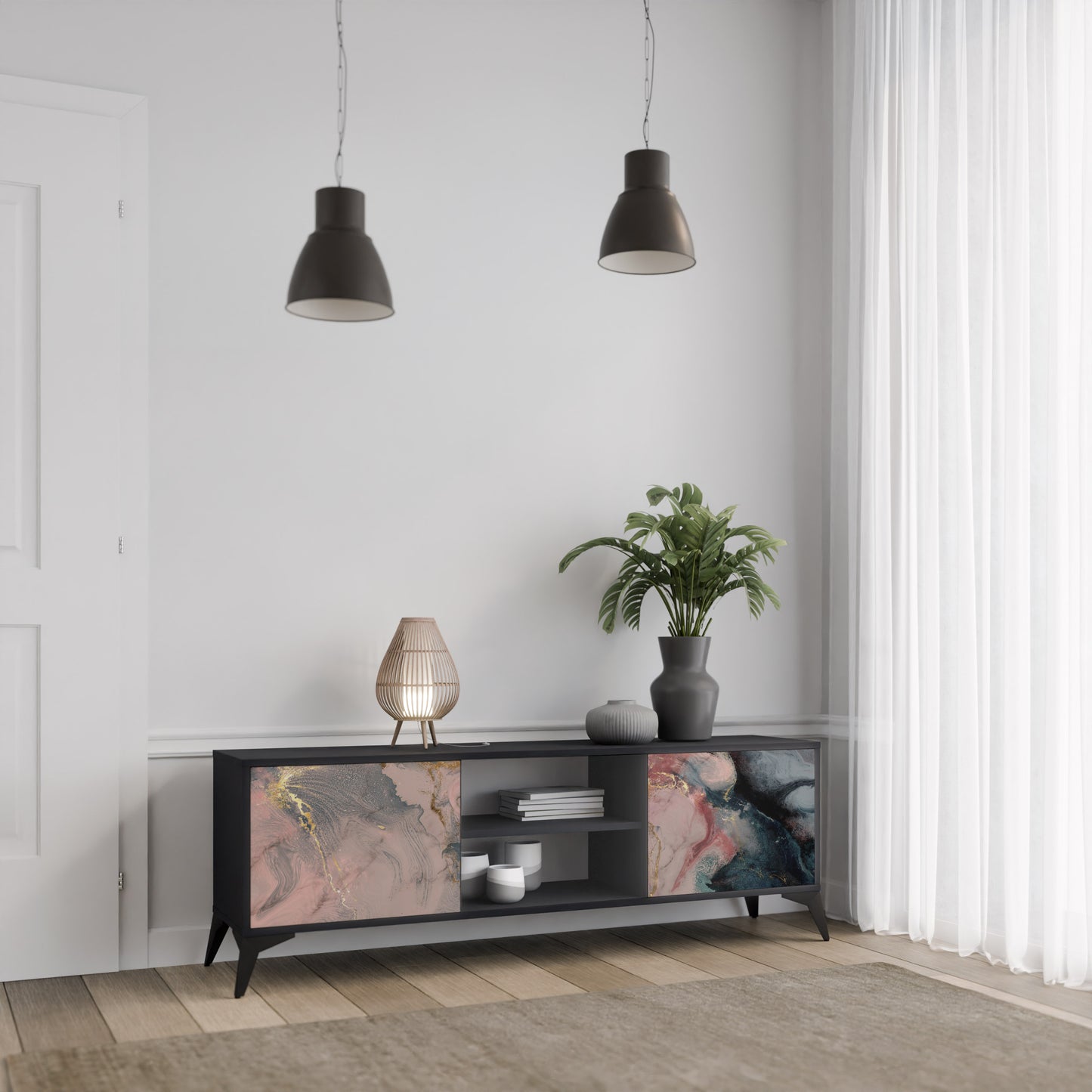 GILDED SWIRLS 2-dörrars TV-bänk i svart finish