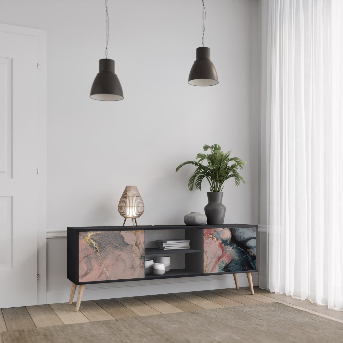GILDED SWIRLS 2-dörrars TV-bänk i svart finish
