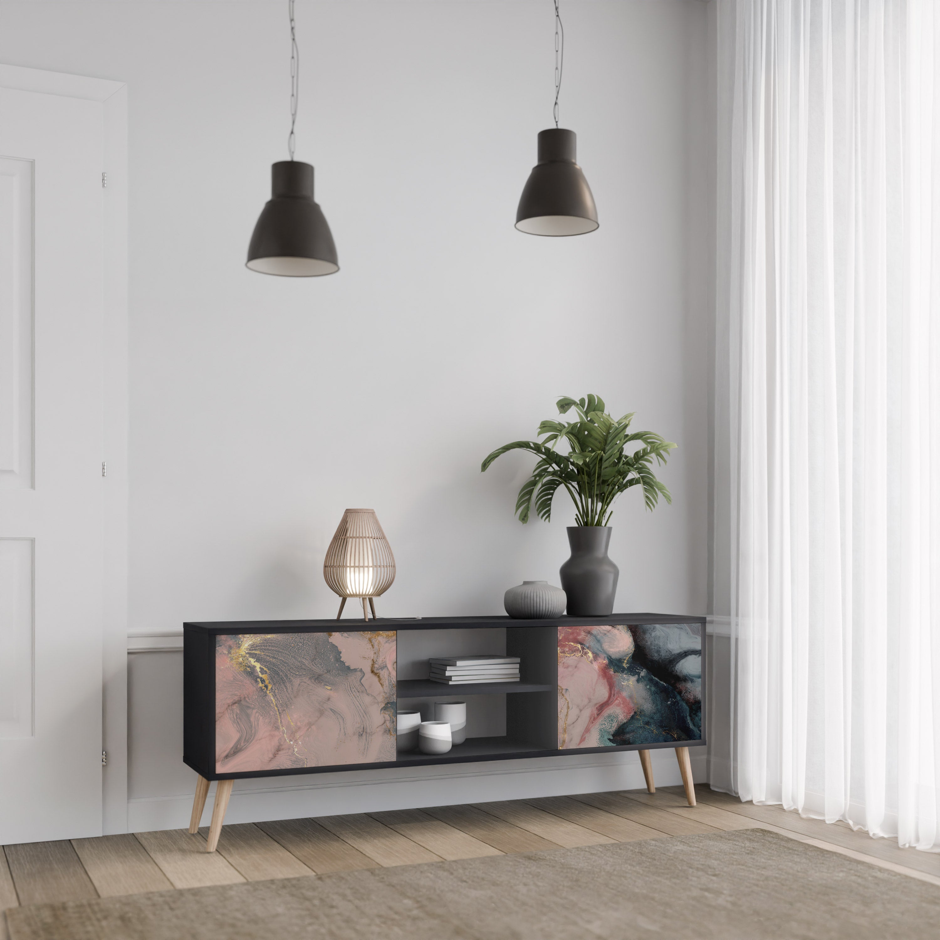GILDED SWIRLS 2-dörrars TV-bänk i svart finish