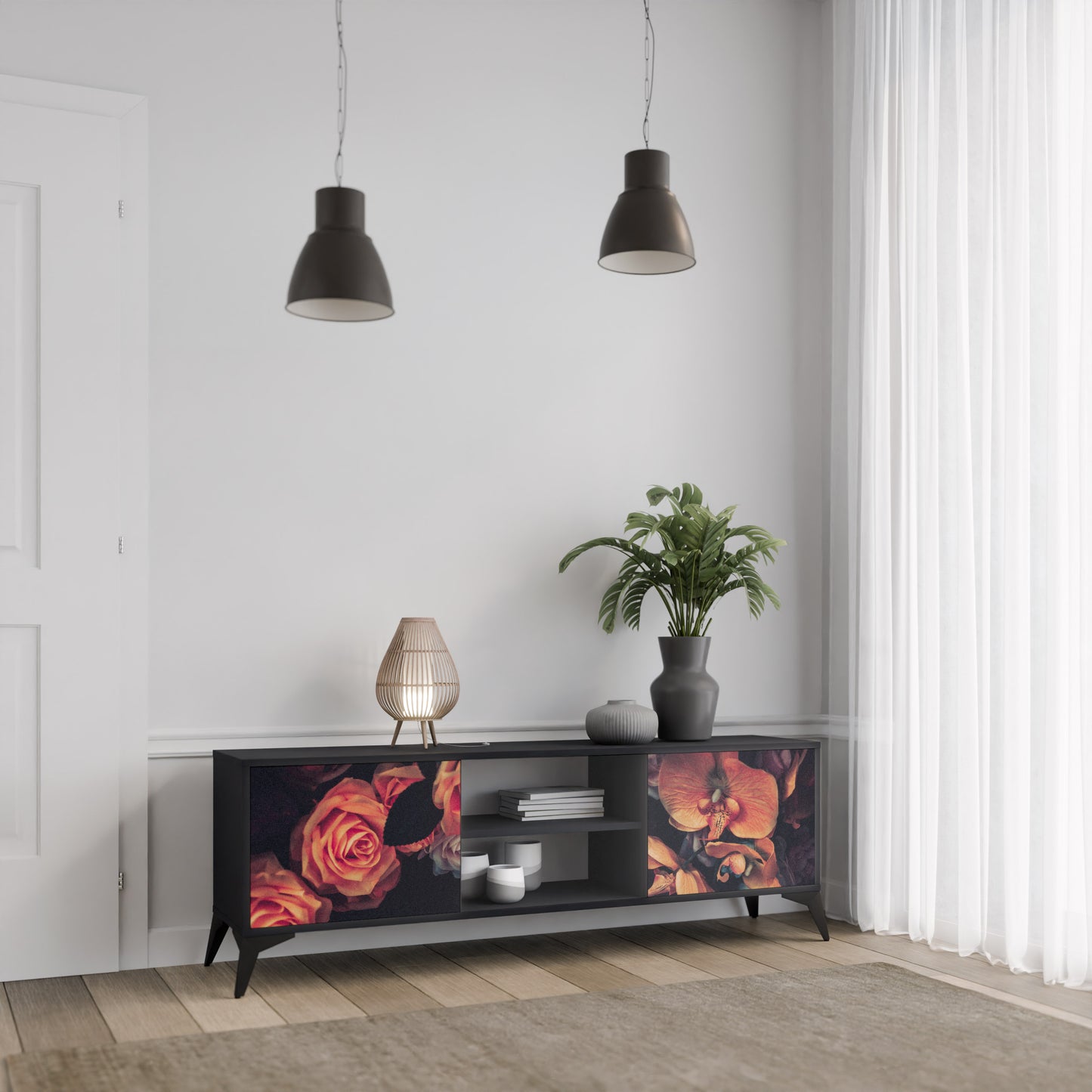 NEVERENDING BLOOM 2-dörrars TV-bänk i svart finish