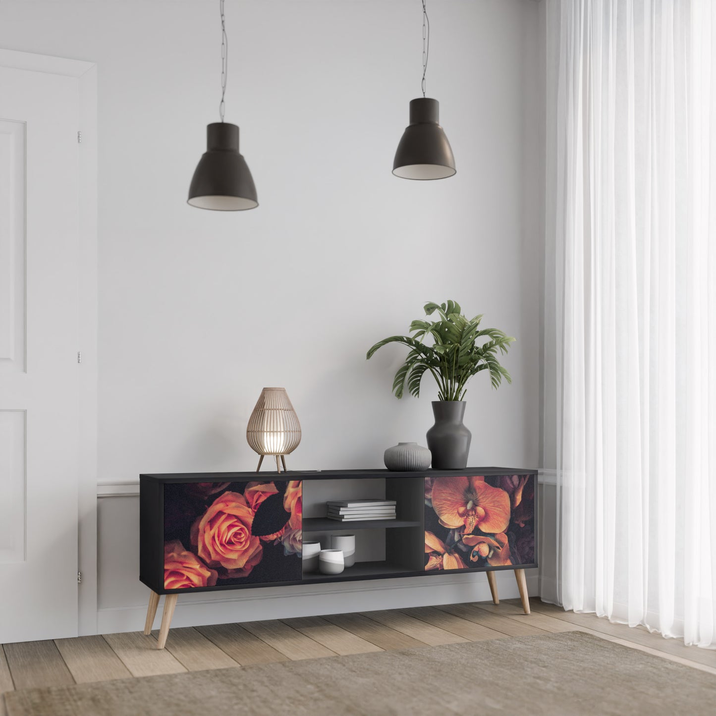NEVERENDING BLOOM 2-dörrars TV-bänk i svart finish