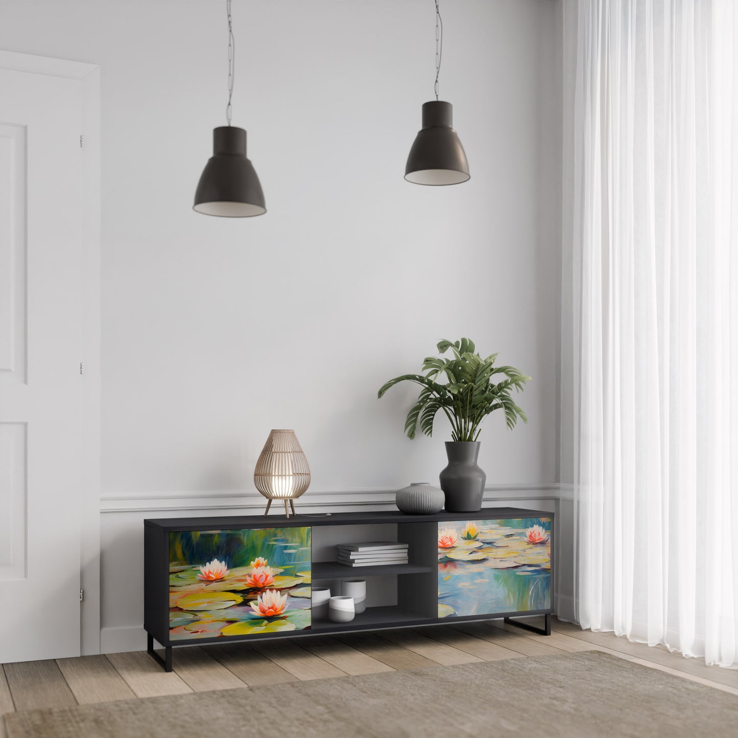 BLOOMING WATERS 2-dörrars TV-bänk i svart finish