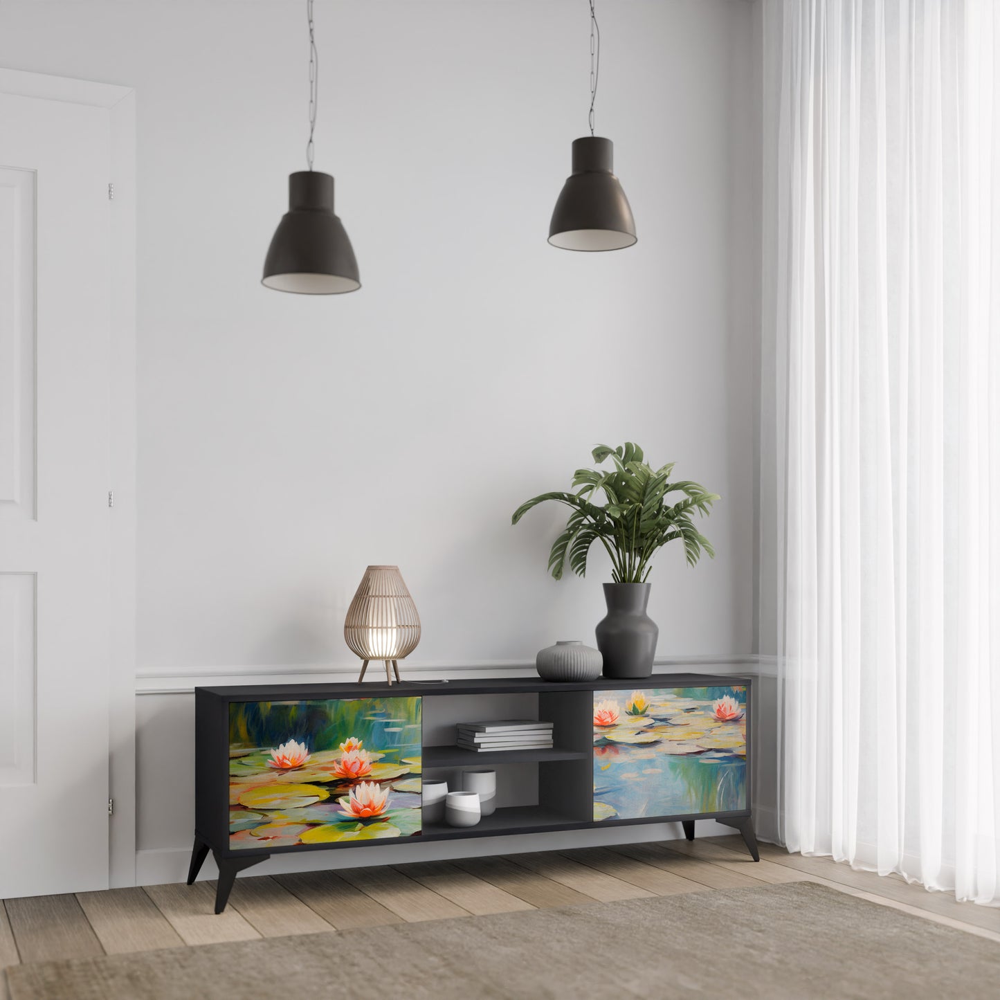 BLOOMING WATERS 2-dörrars TV-bänk i svart finish