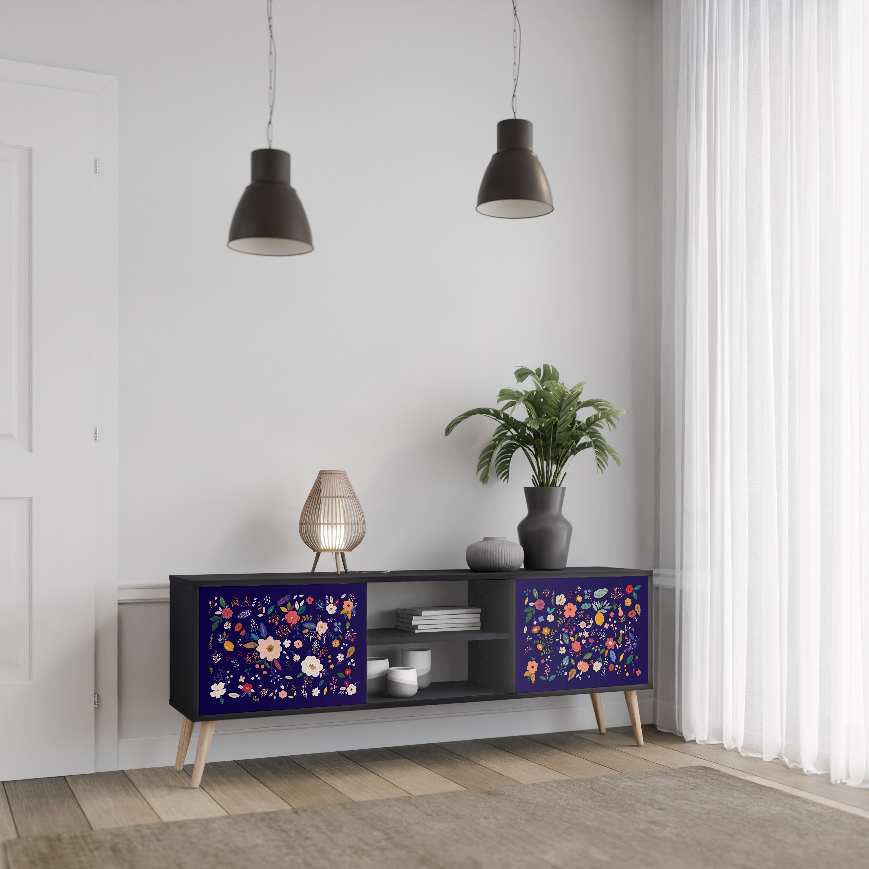 BLOMMA KOMBINATION 2-dörrars TV-bänk i svart finish