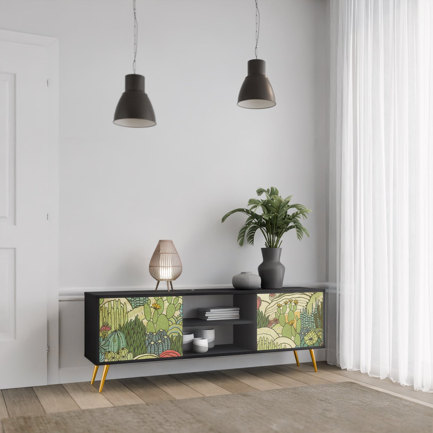 SUCCULENTS KALEIDOSCOPE 2-Door TV Stand in Black Finish