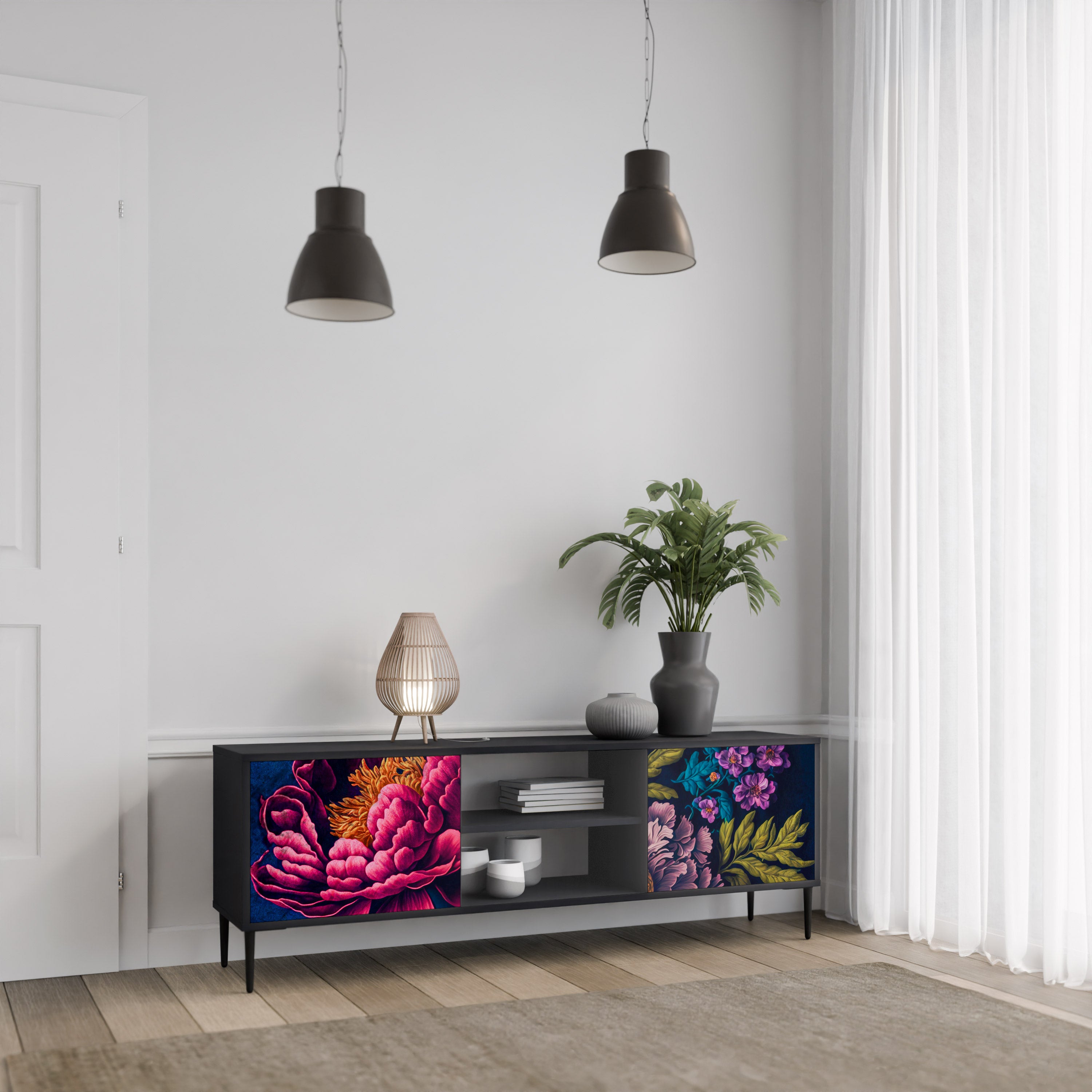 BLOOMING ELEGANCE 2-dörrars TV-bänk i svart finish