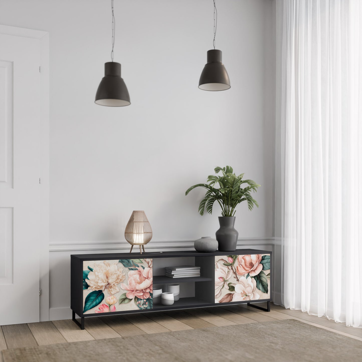 FLORAL GRACE 2-dörrars TV-bänk i svart finish