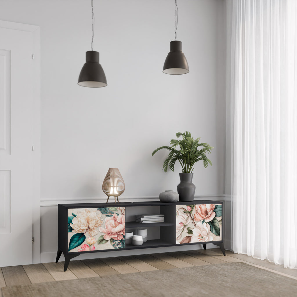 FLORAL GRACE 2-dörrars TV-bänk i svart finish
