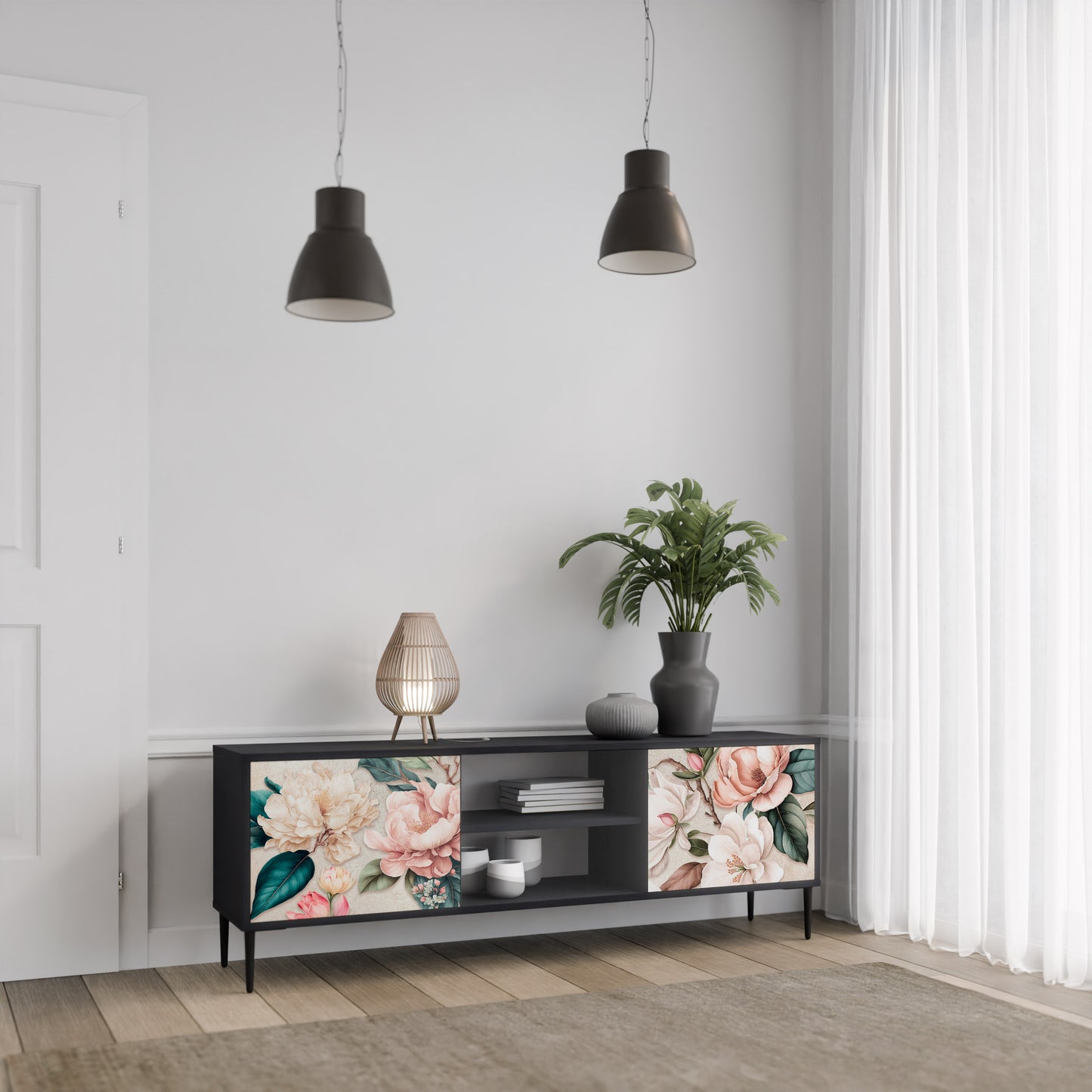 FLORAL GRACE 2-dörrars TV-bänk i svart finish