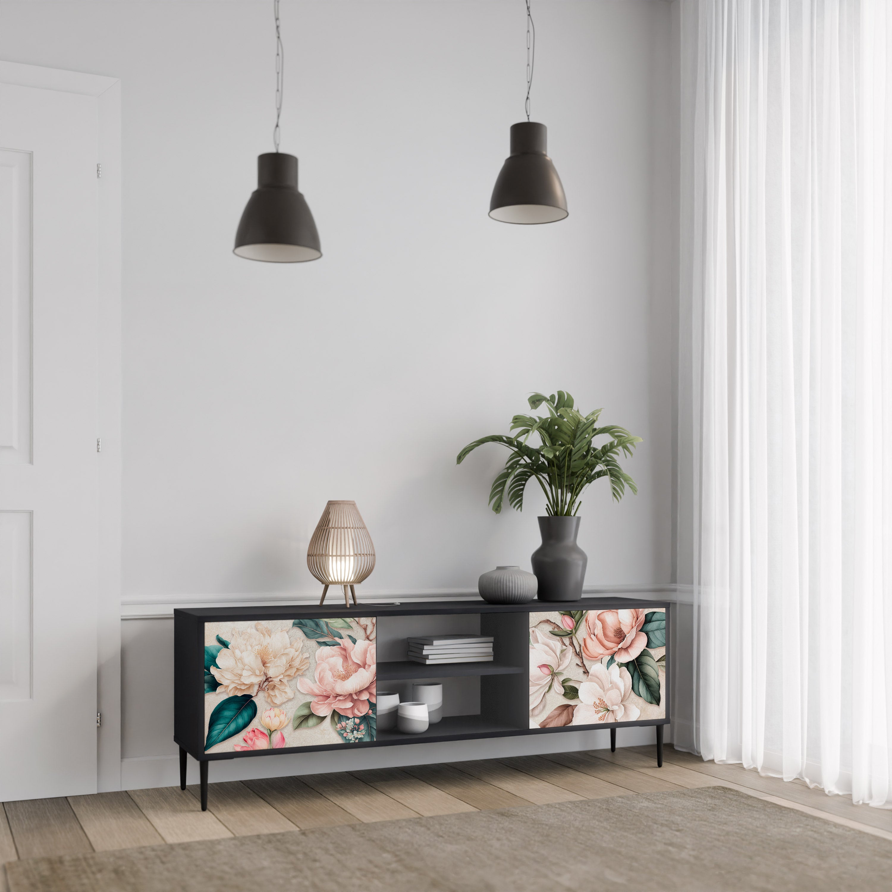 FLORAL GRACE 2-dörrars TV-bänk i svart finish