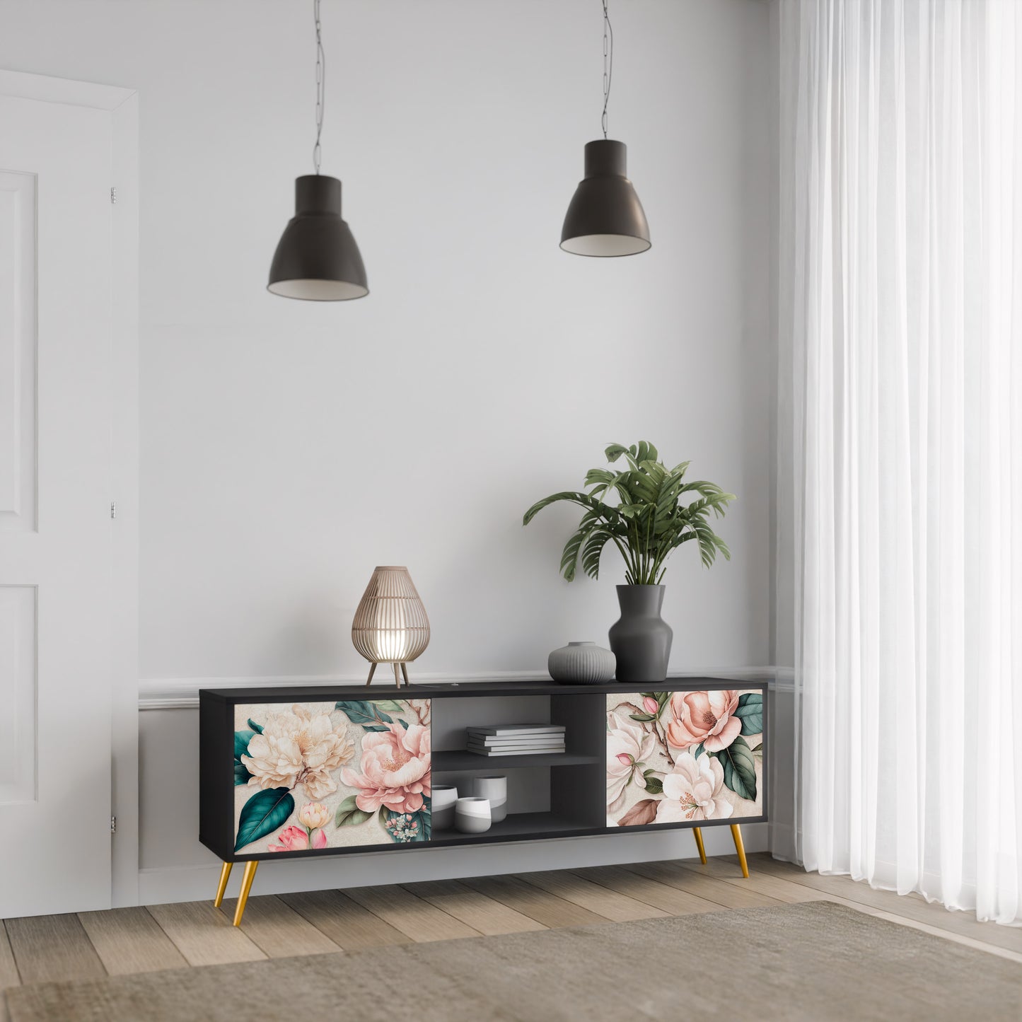 FLORAL GRACE 2-dörrars TV-bänk i svart finish