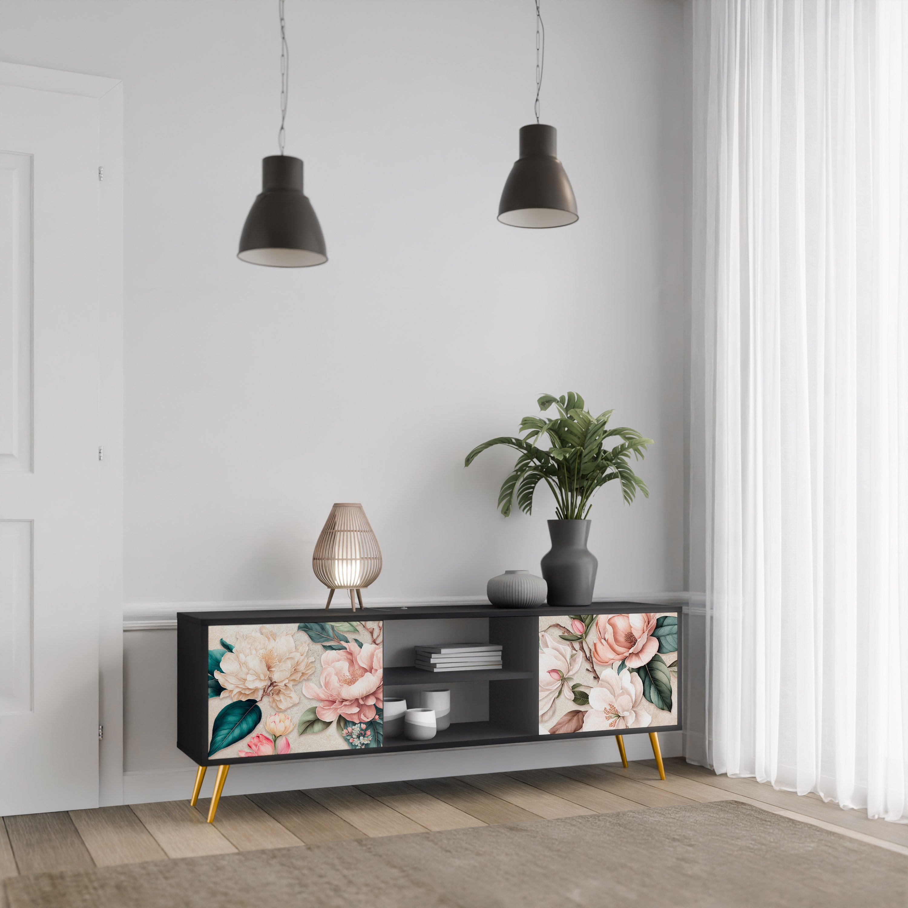 FLORAL GRACE 2-dörrars TV-bänk i svart finish