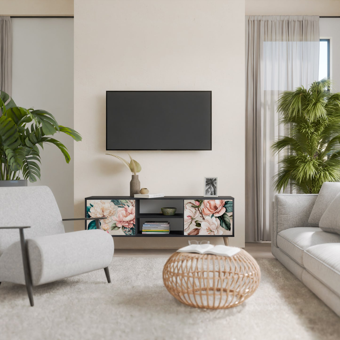 FLORAL GRACE 2-dörrars TV-bänk i svart finish