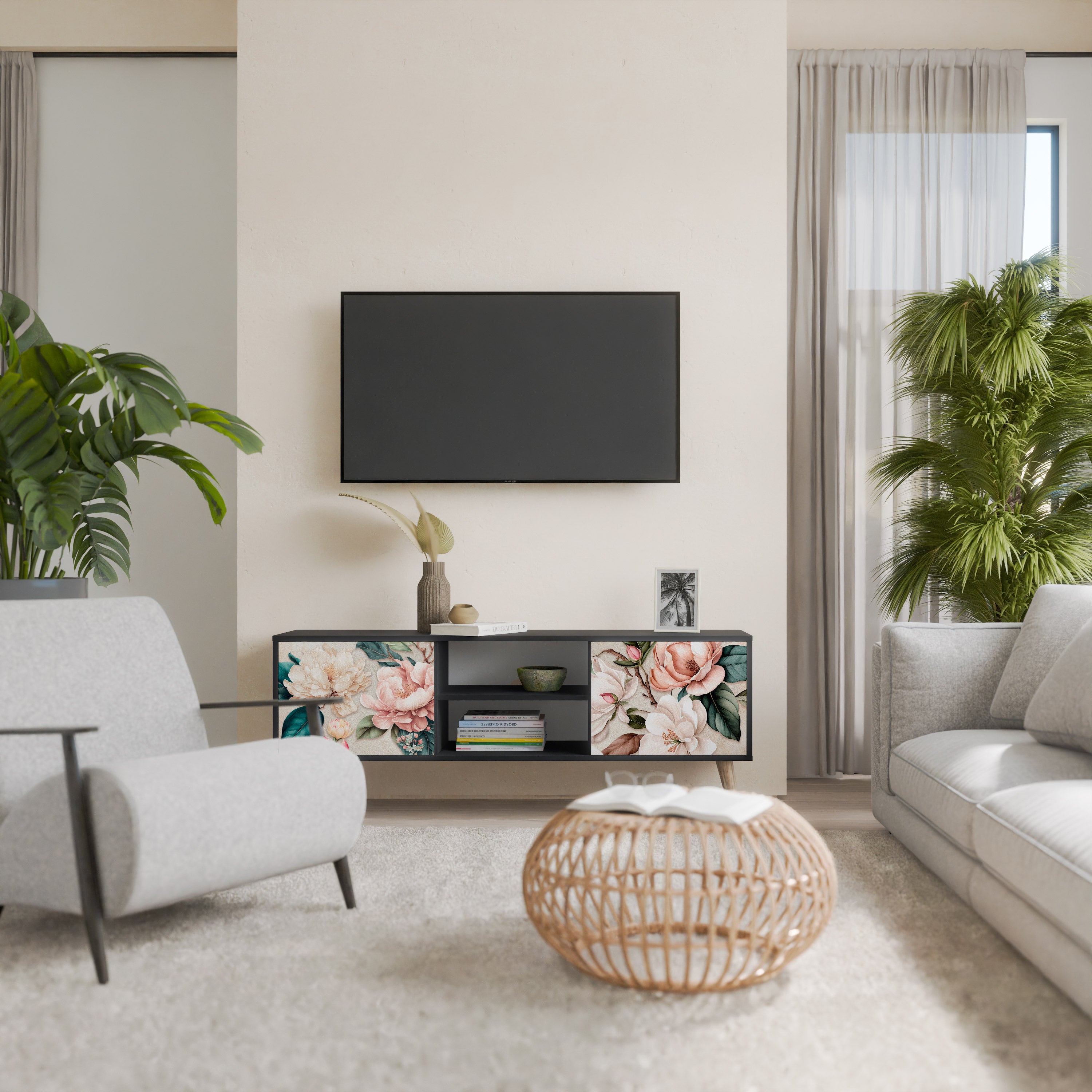 FLORAL GRACE 2-dörrars TV-bänk i svart finish
