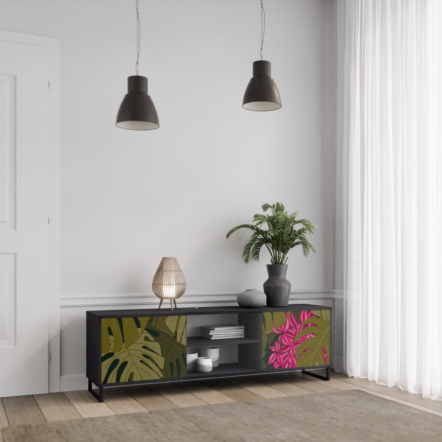TROPICAL BEAUTY TV-bänk med 2 dörrar i svart finish