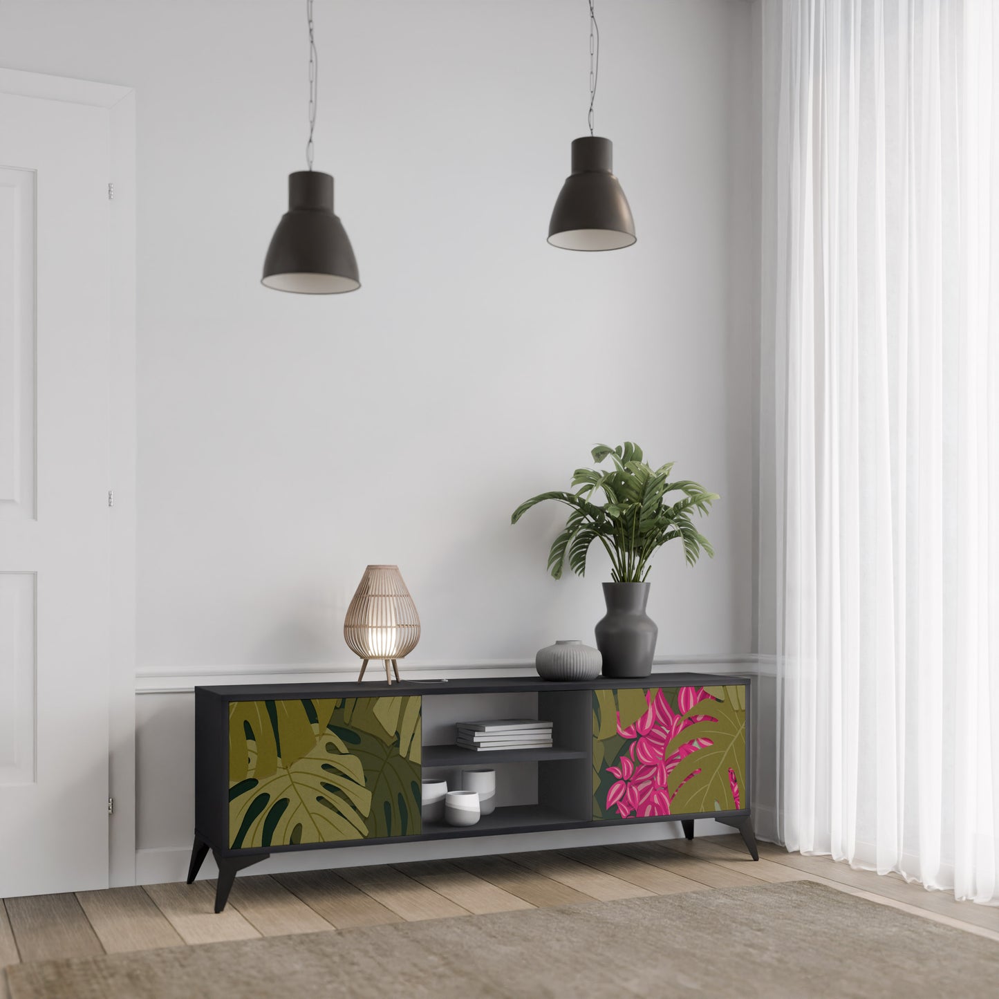 TROPICAL BEAUTY TV-bänk med 2 dörrar i svart finish