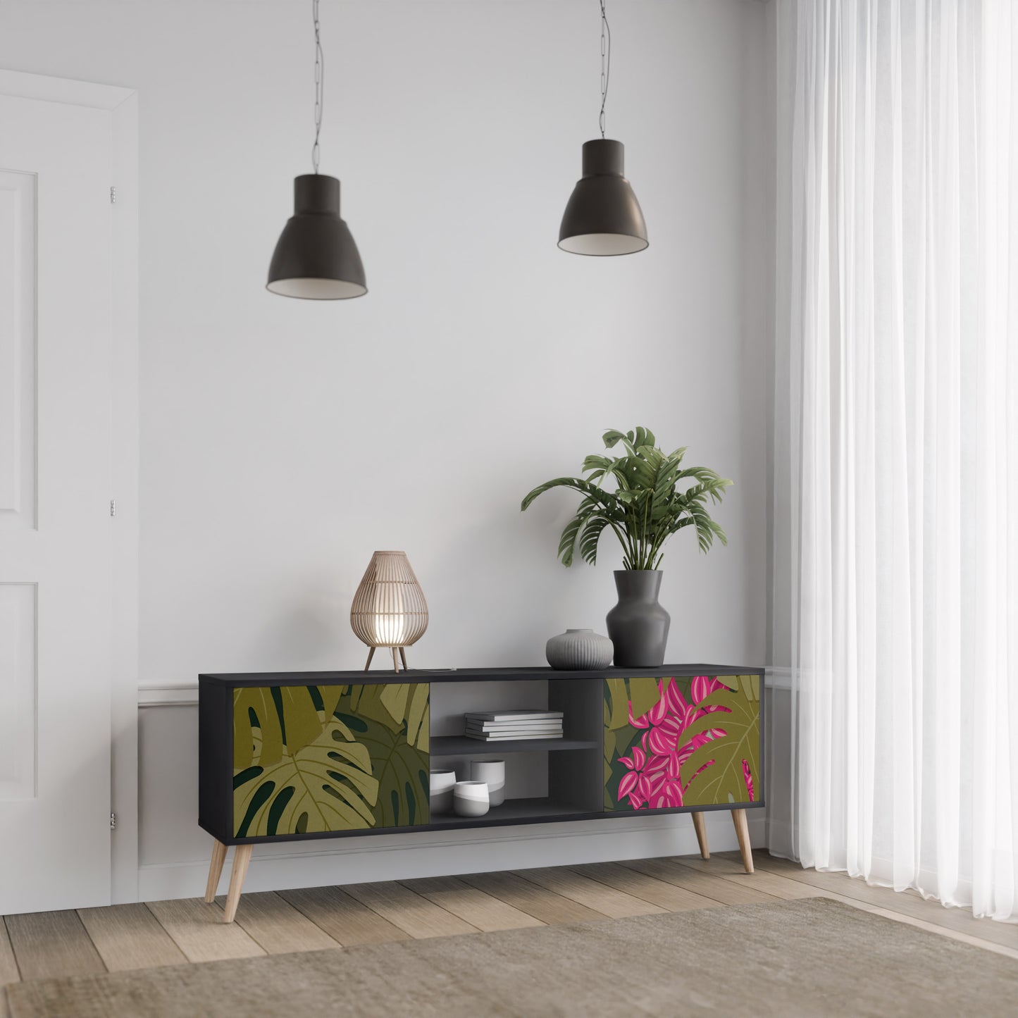 TROPICAL BEAUTY TV-bänk med 2 dörrar i svart finish