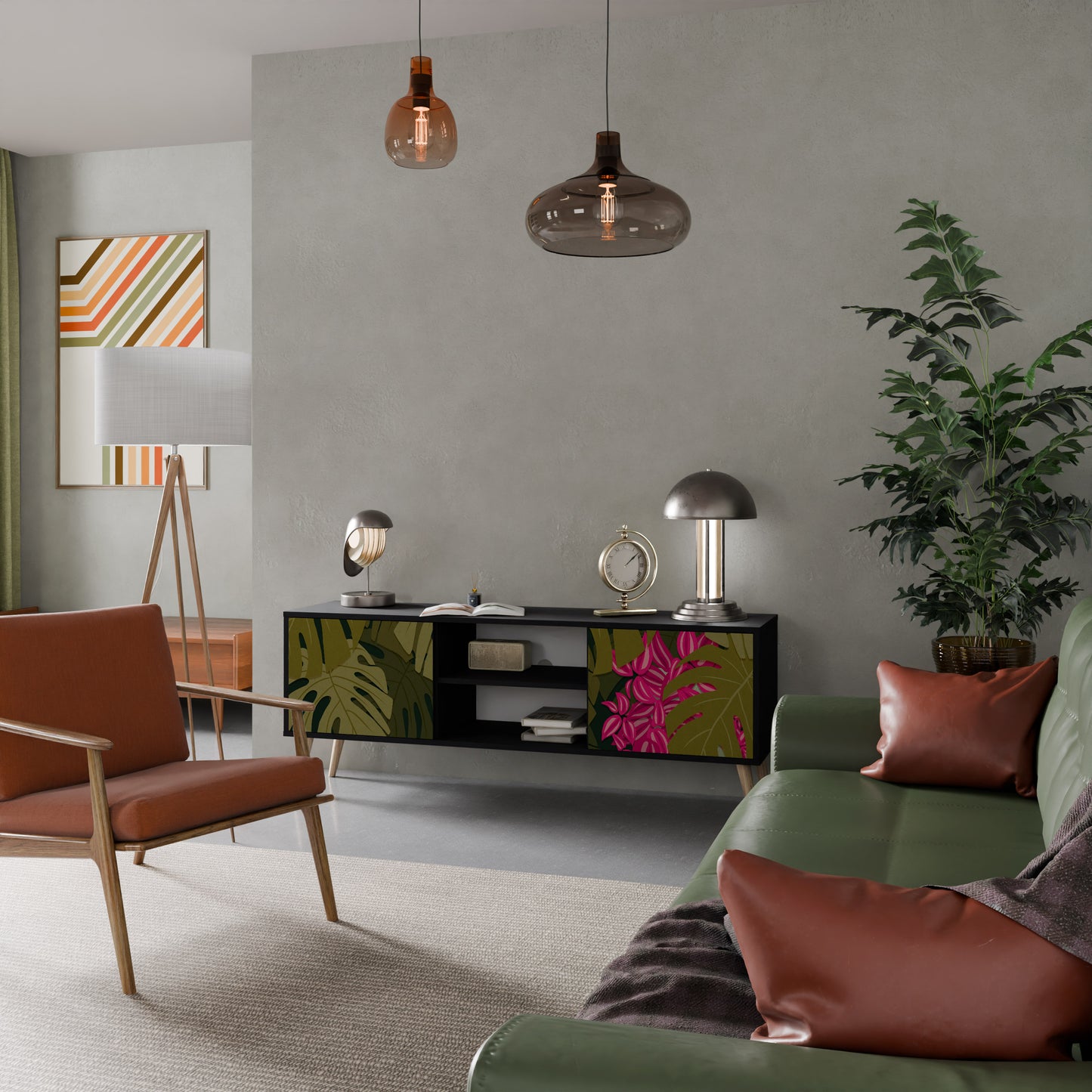 TROPICAL BEAUTY TV-bänk med 2 dörrar i svart finish