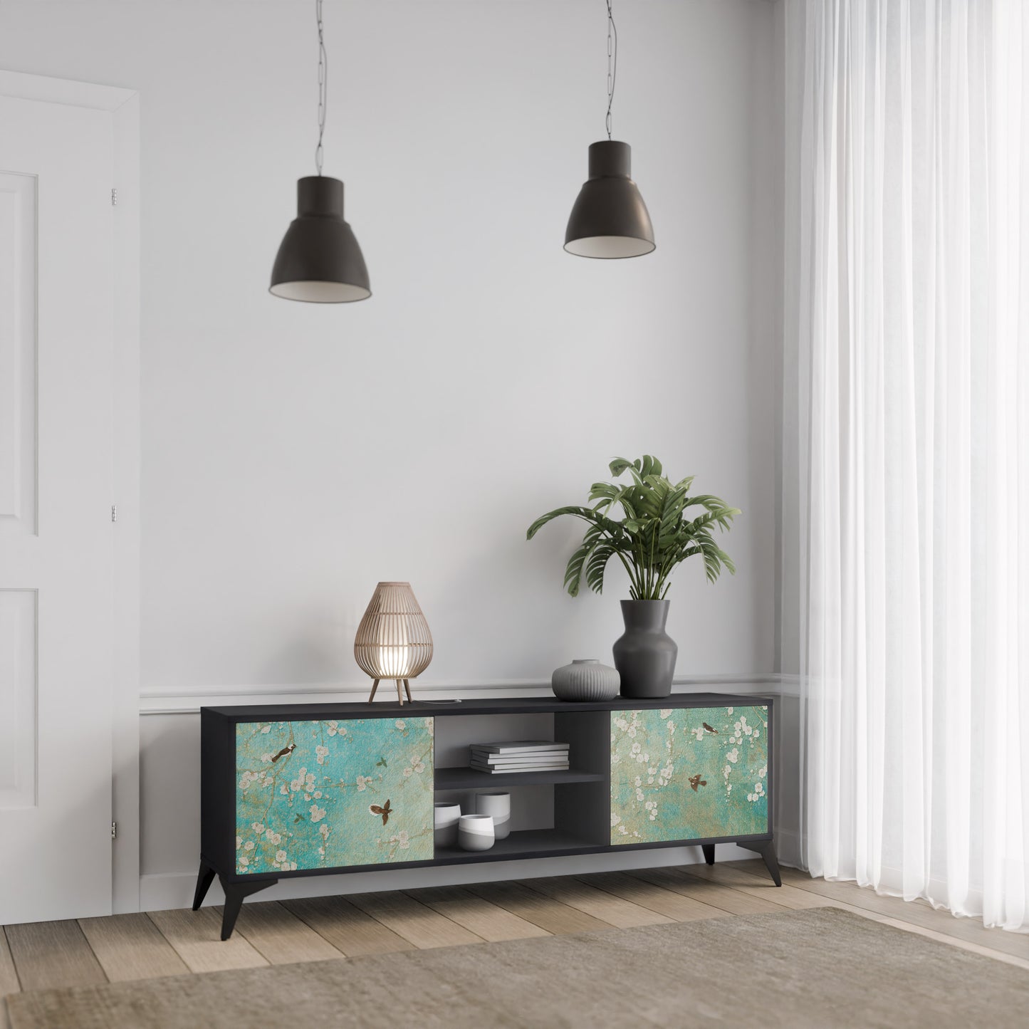 BLOOMING CHARM 2-dörrars TV-bänk i svart finish