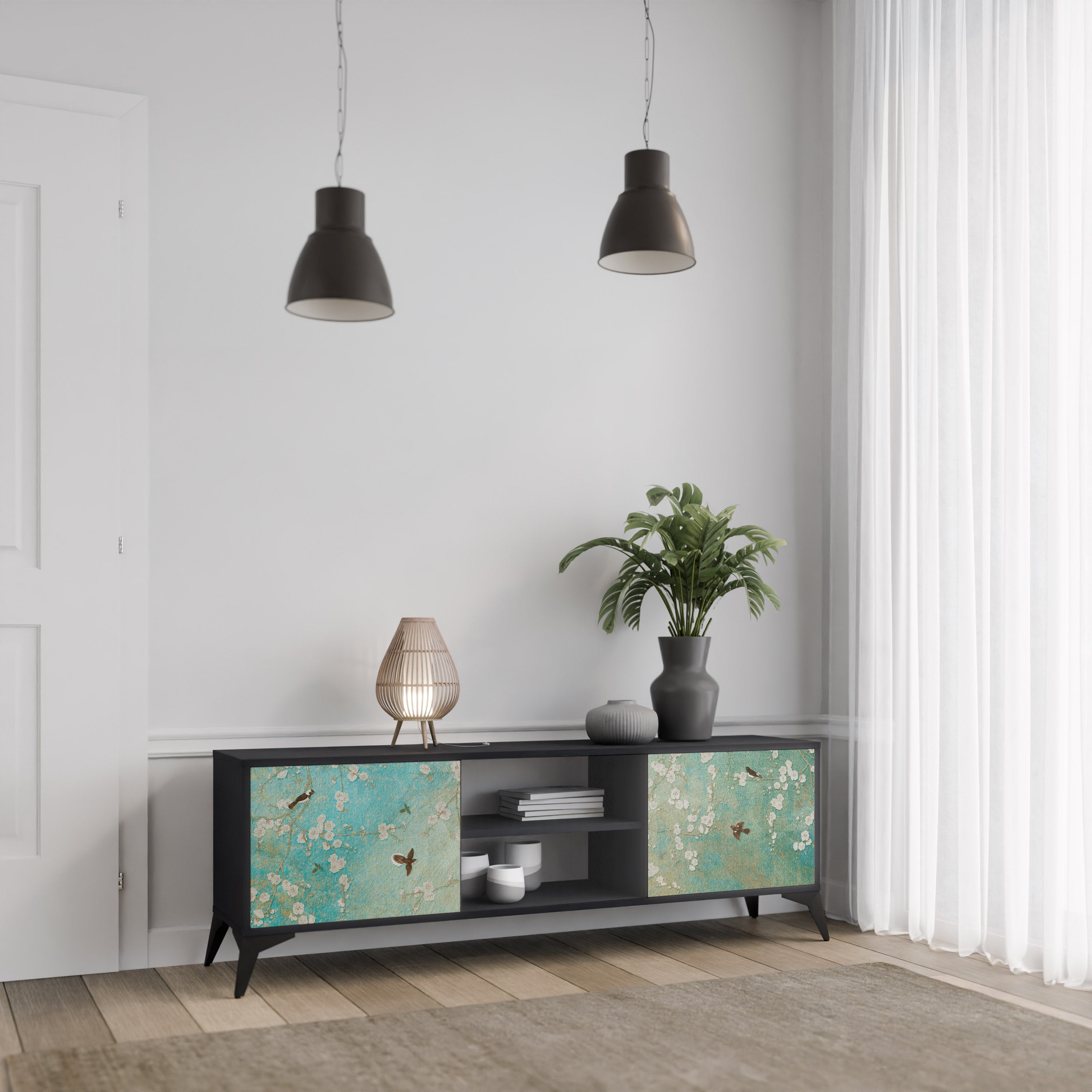 BLOOMING CHARM 2-dörrars TV-bänk i svart finish