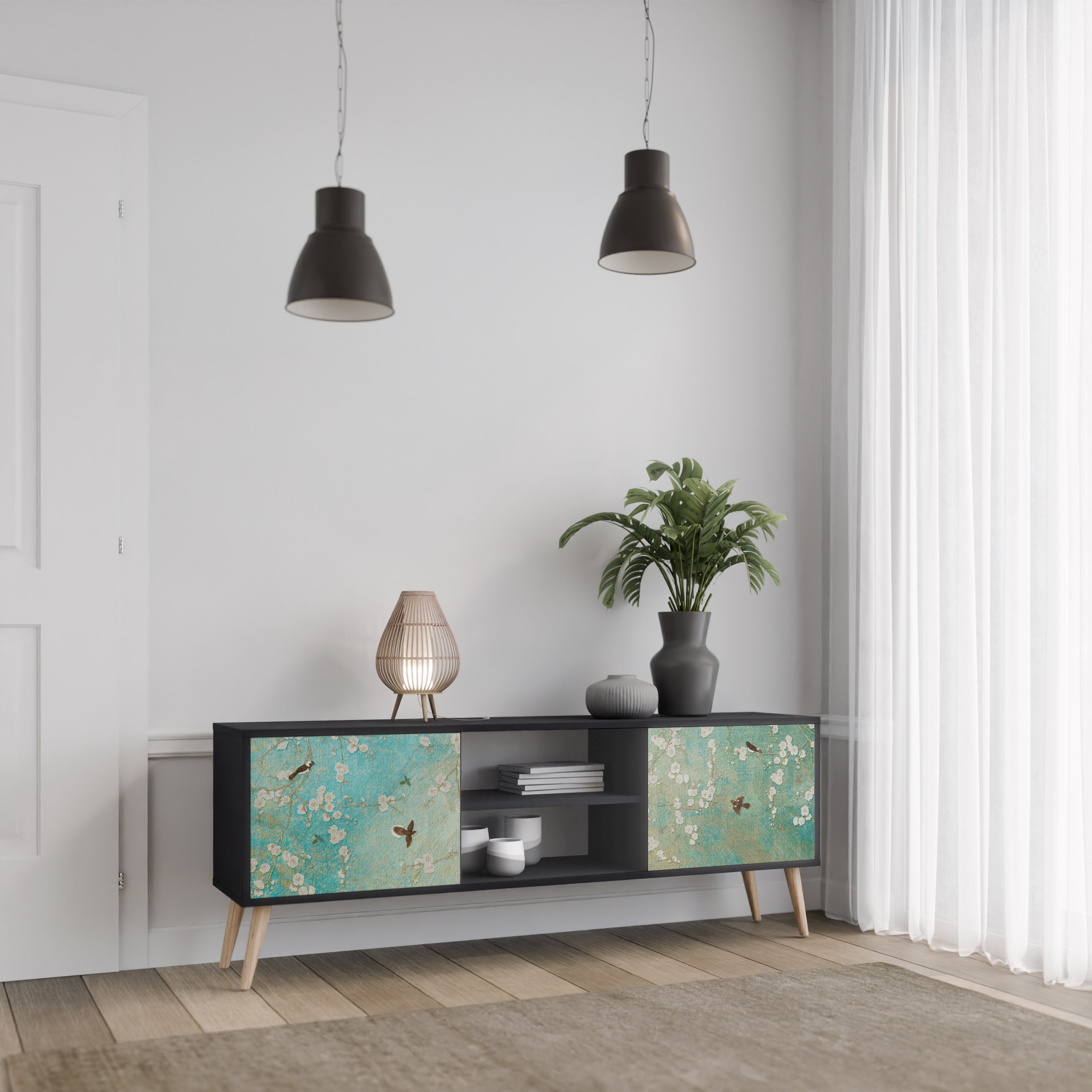 BLOOMING CHARM 2-dörrars TV-bänk i svart finish