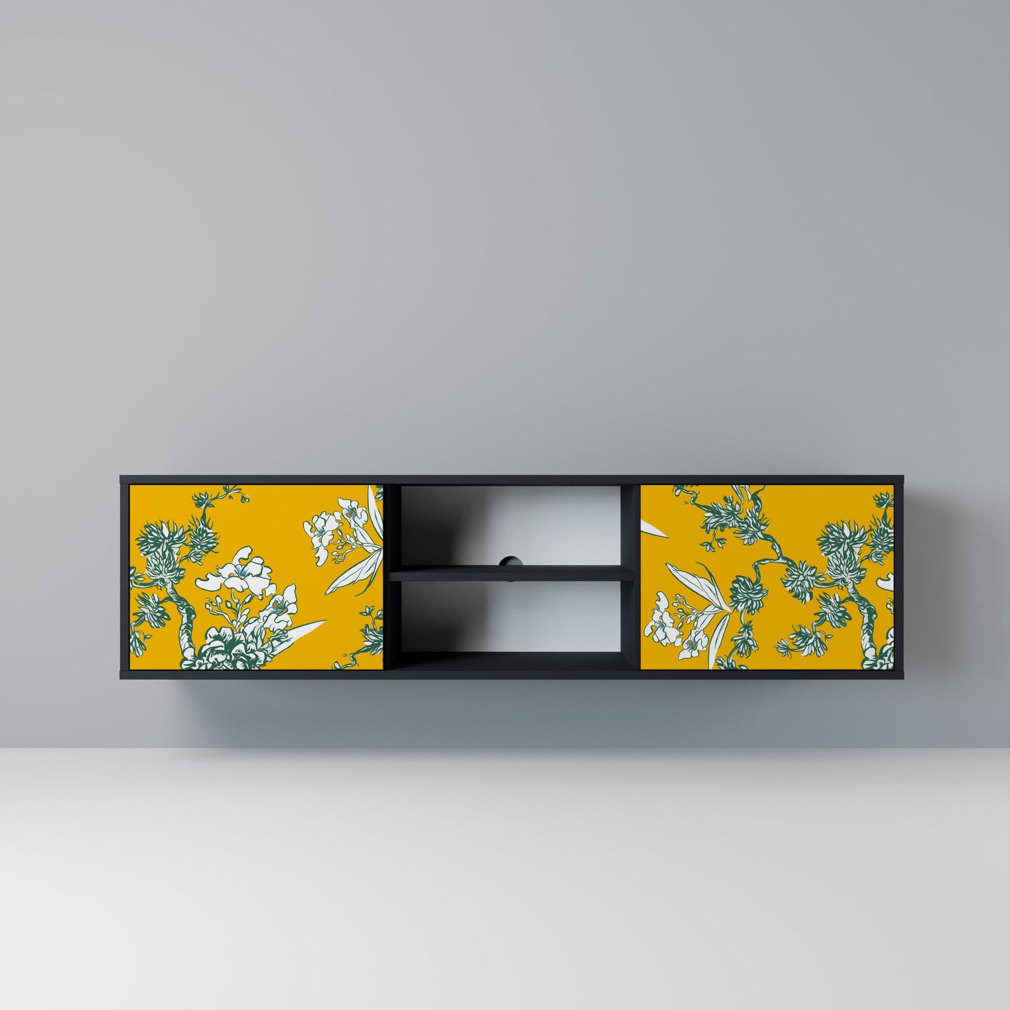 YELLOW CHINOISERIE 2-Door TV Stand in Black Finish